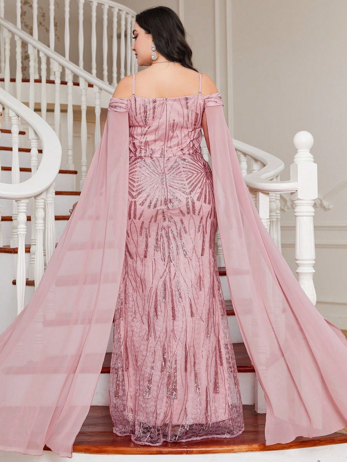 Plus Contrast Mesh Sequin Formal Dress