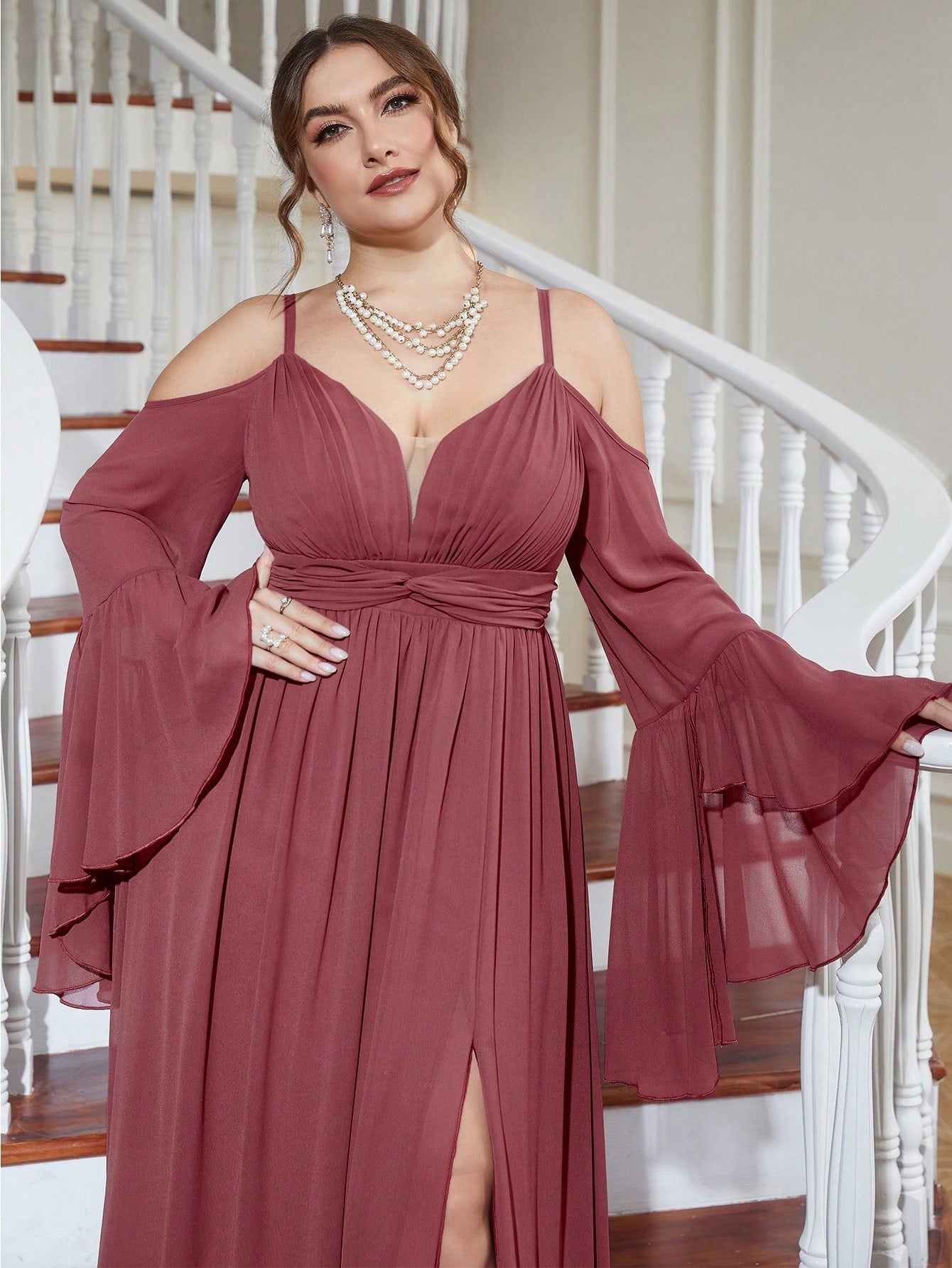 Plus Cold Shoulder Split Thigh Chiffon Dress