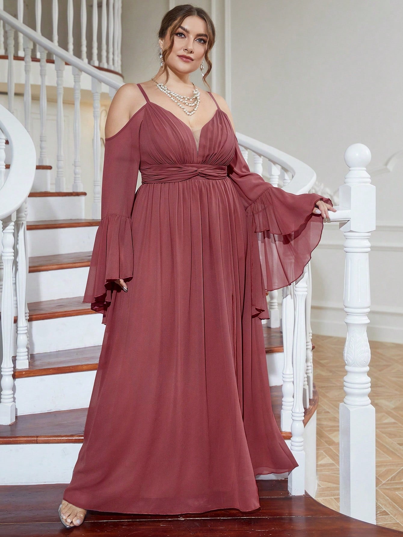 Plus Cold Shoulder Split Thigh Chiffon Dress