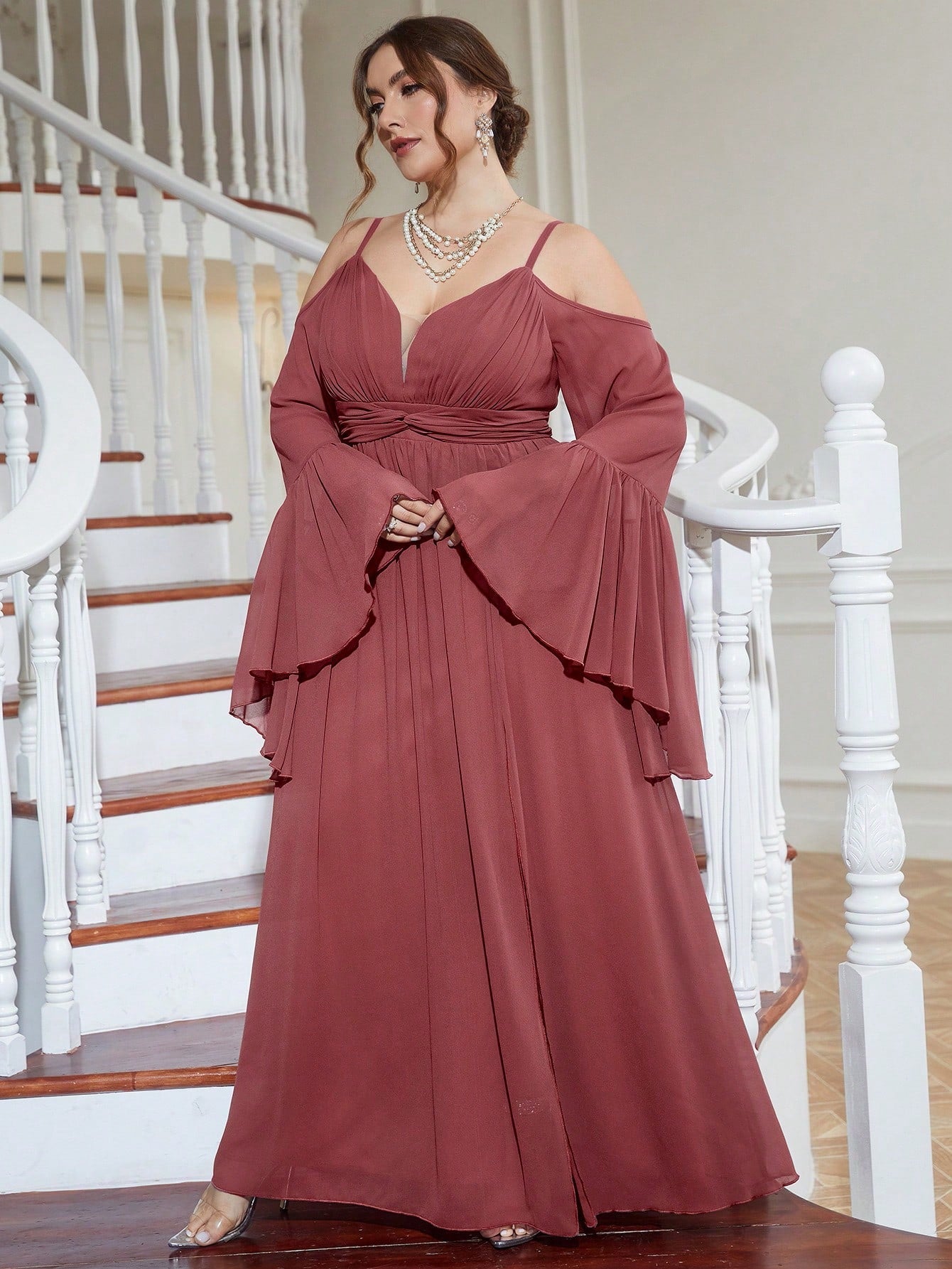 Plus Cold Shoulder Split Thigh Chiffon Dress