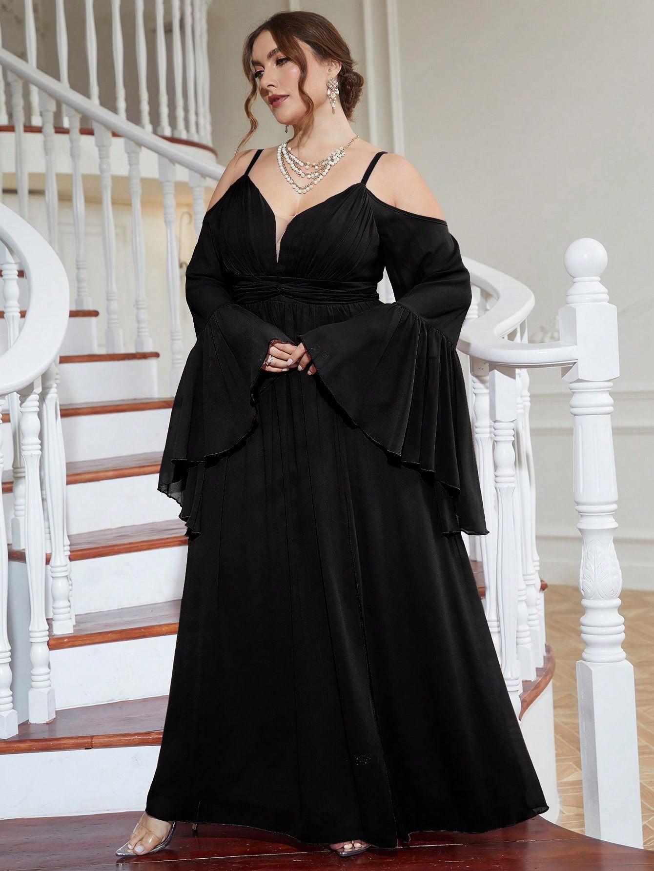 Plus Cold Shoulder Split Thigh Chiffon Dress