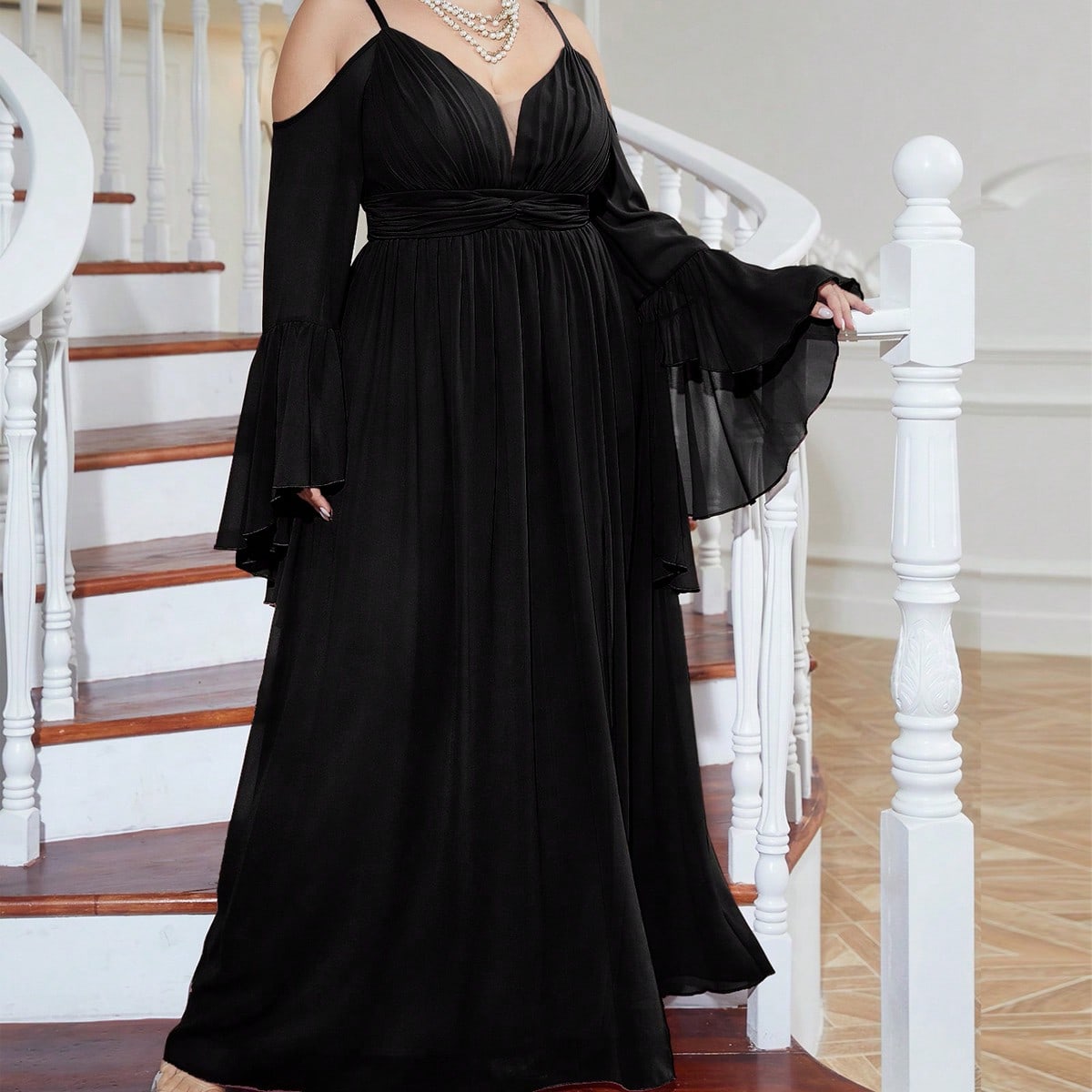 Plus Cold Shoulder Split Thigh Chiffon Dress