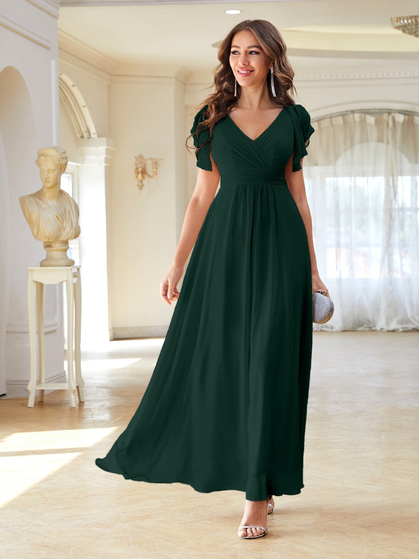 Solid Ruched High Waist Chiffon Dress