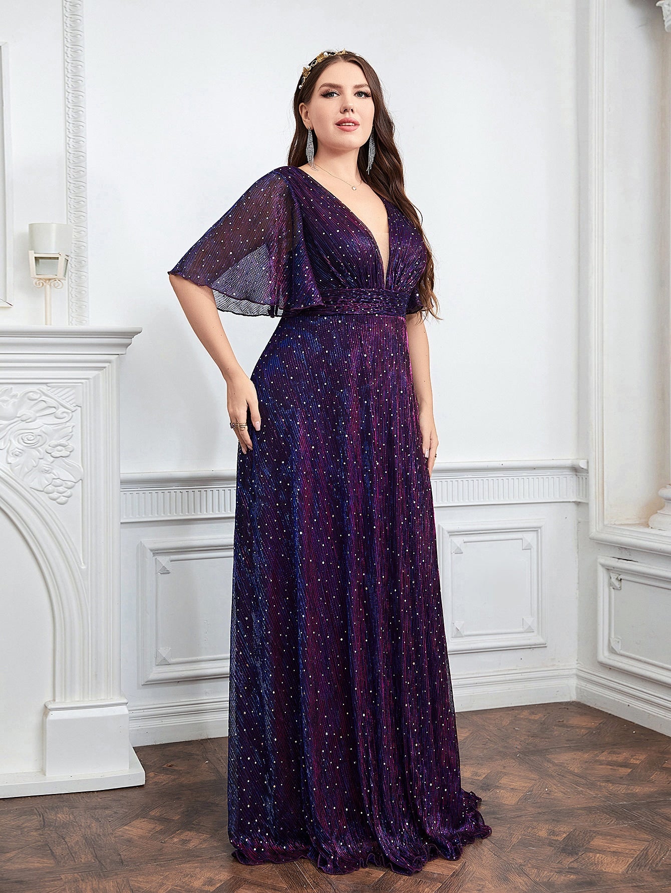 Plus Plunging Neck Butterfly Sleeve Plisse Glitter Bridesmaid Dress