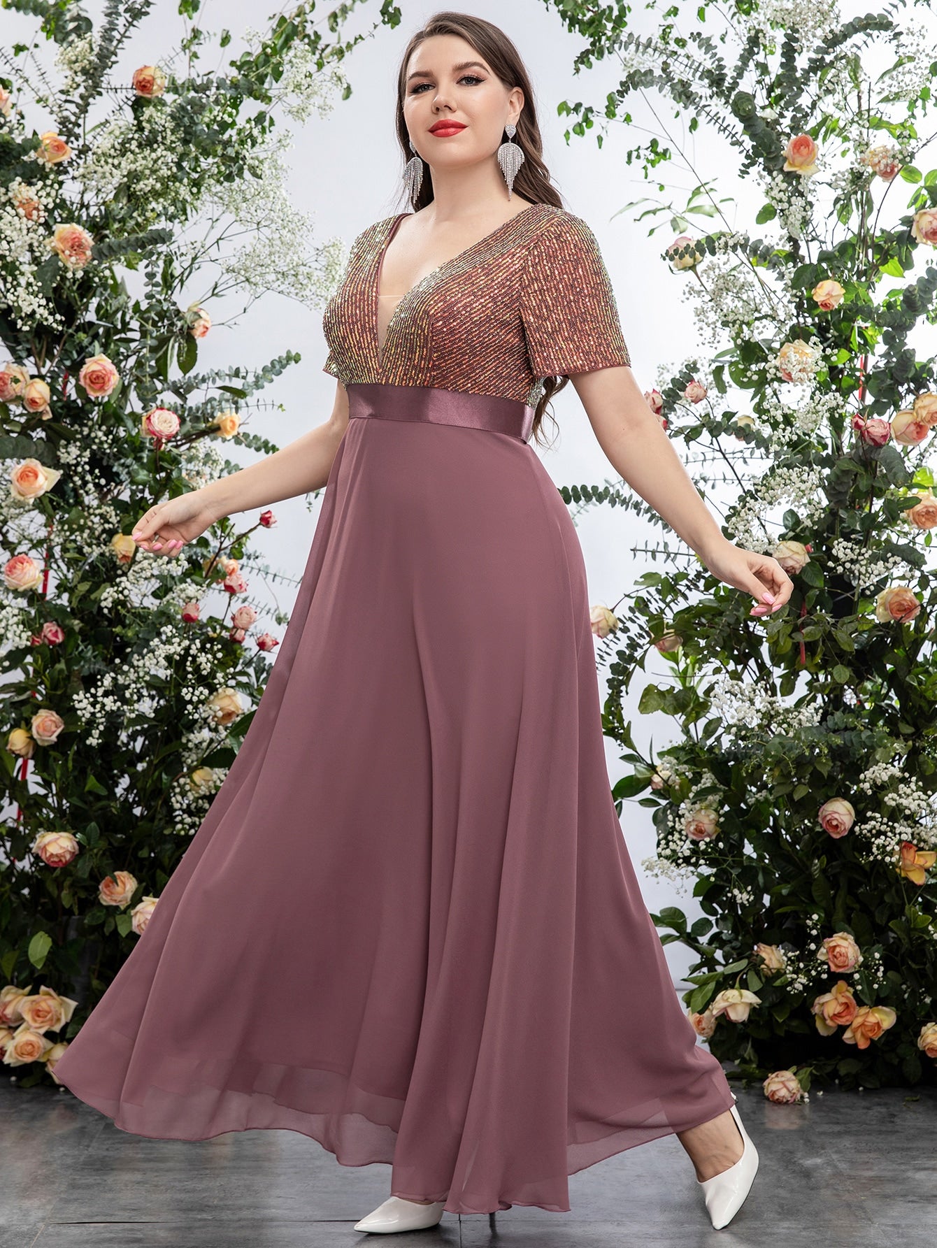 Plus Sequin Insert Plunging Neck Chiffon Prom Dress