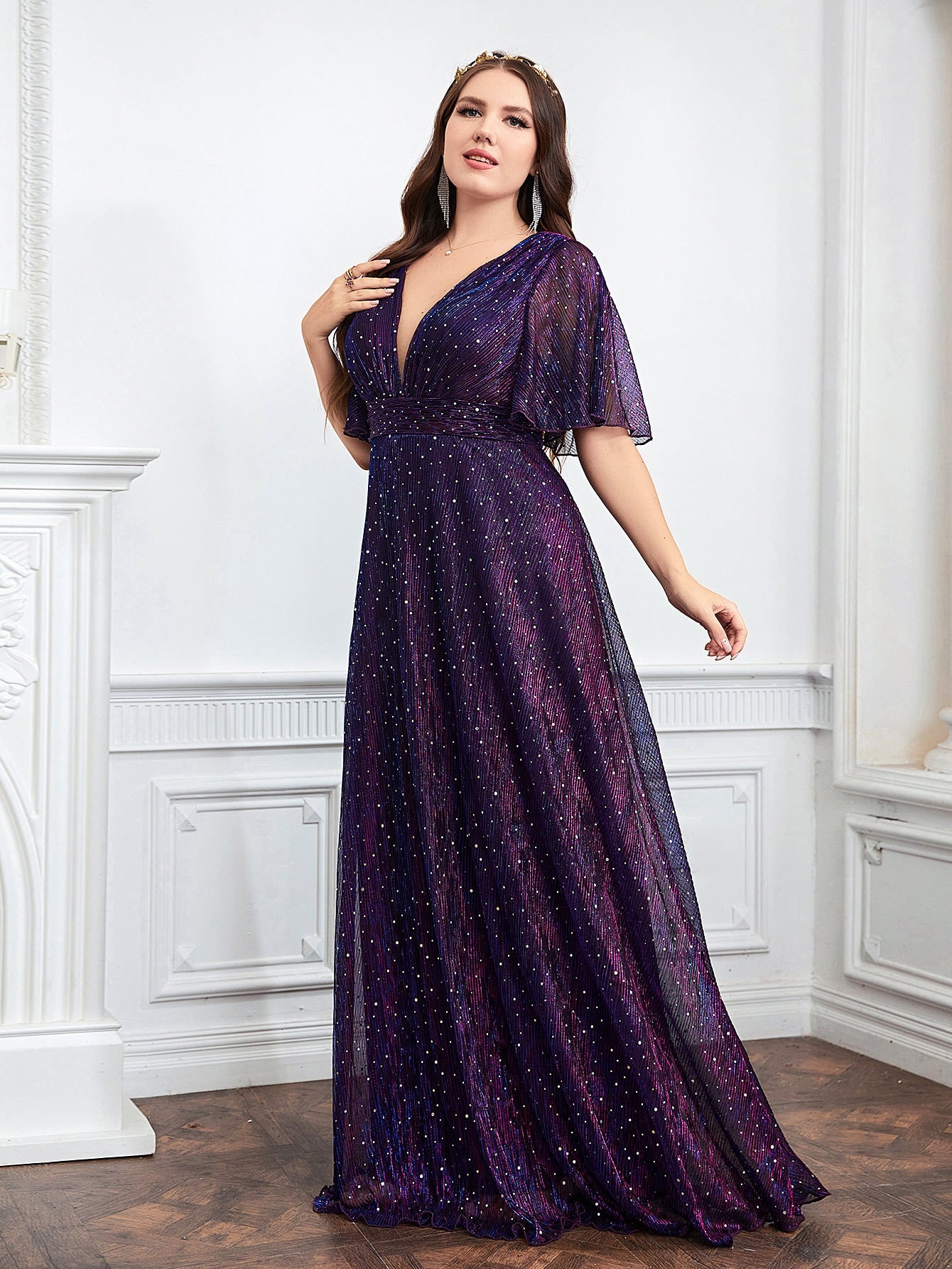 Plus Plunging Neck Butterfly Sleeve Plisse Glitter Bridesmaid Dress