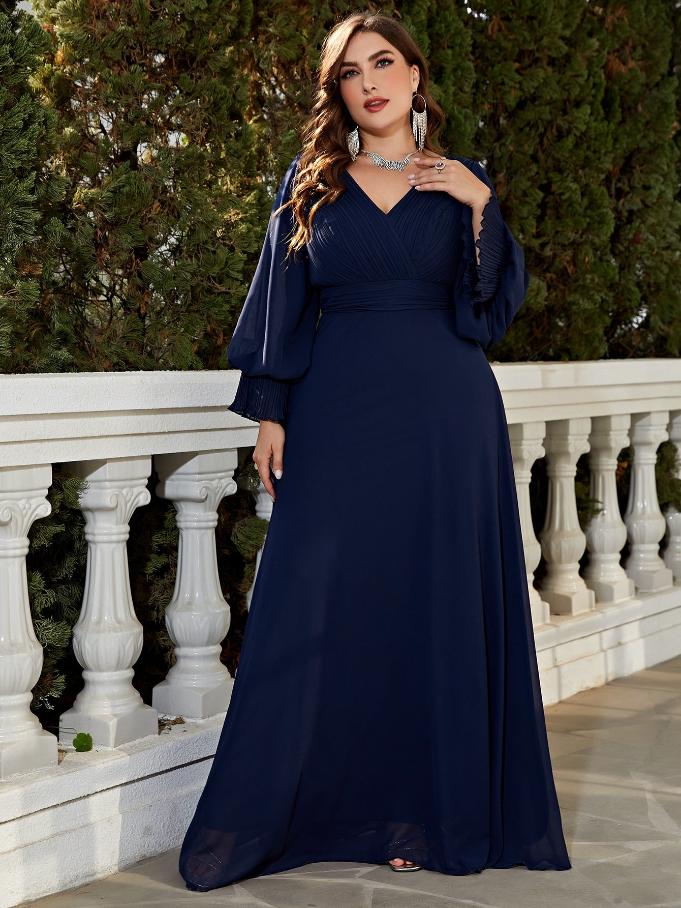 Plus Surplice Neck Lantern Sleeve Maxi Formal Dress