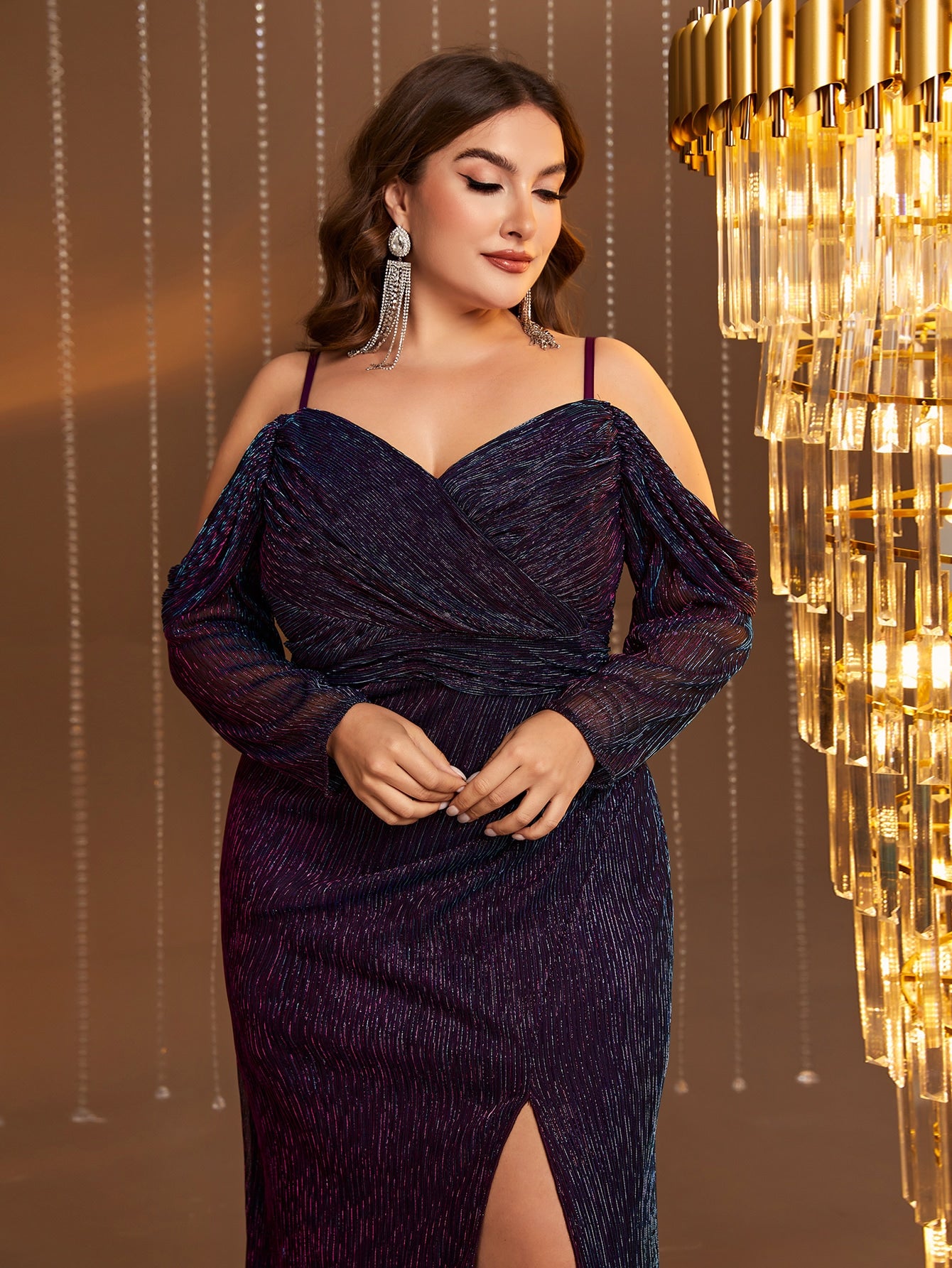 Plus Cold Shoulder Split Thigh Wrap Hem Glitter Bridesmaid Dress