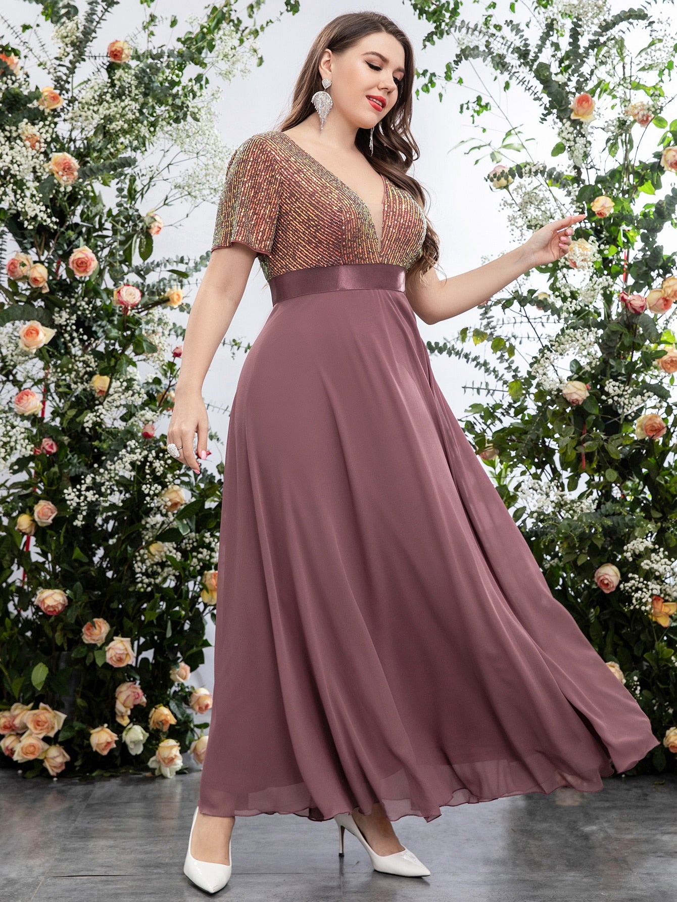 Plus Sequin Insert Plunging Neck Chiffon Prom Dress