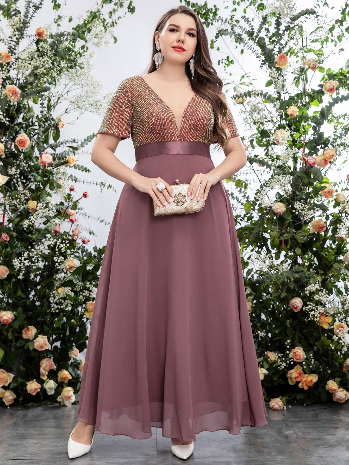 Plus Sequin Insert Plunging Neck Chiffon Prom Dress