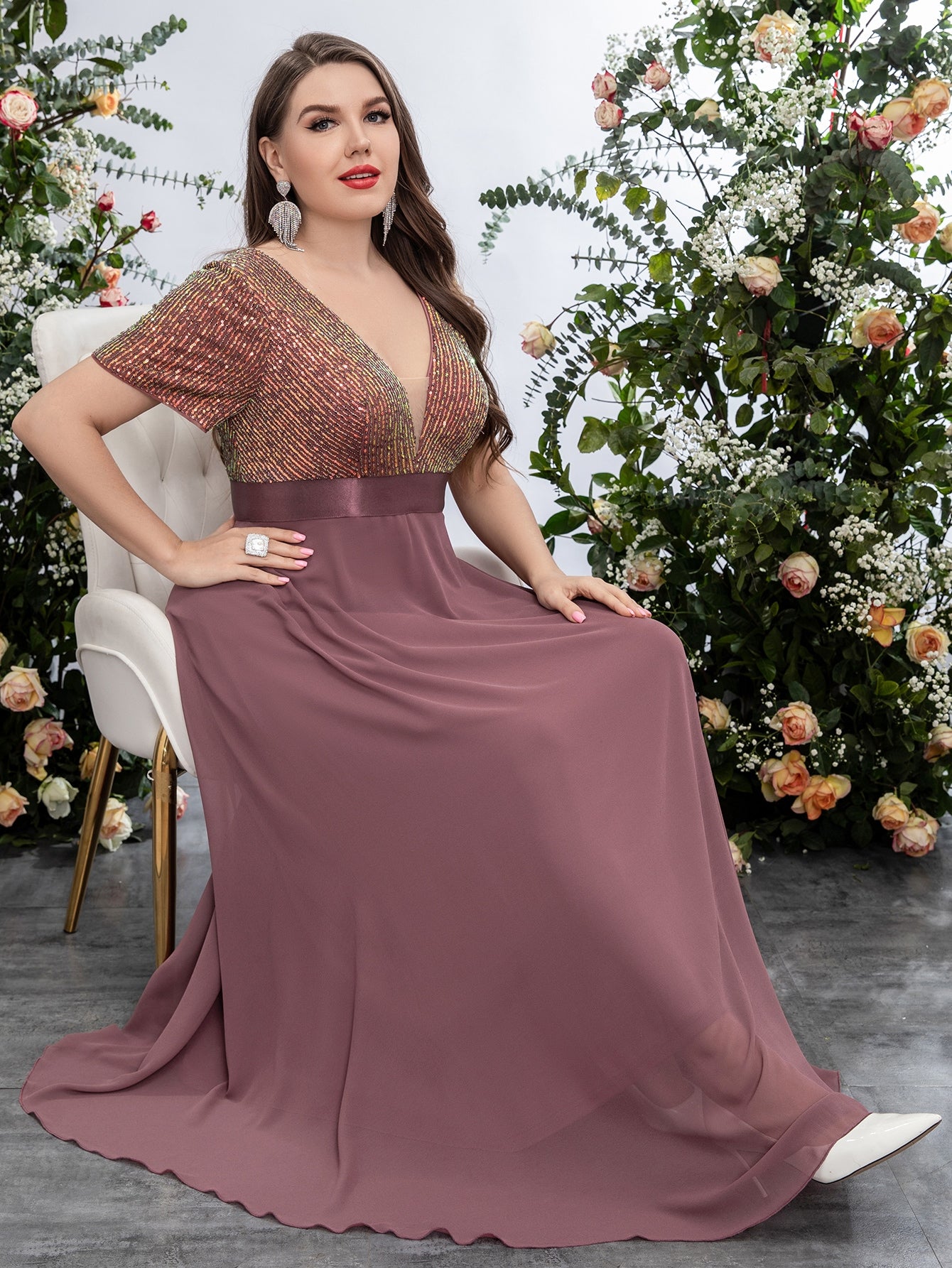 Plus Sequin Insert Plunging Neck Chiffon Prom Dress