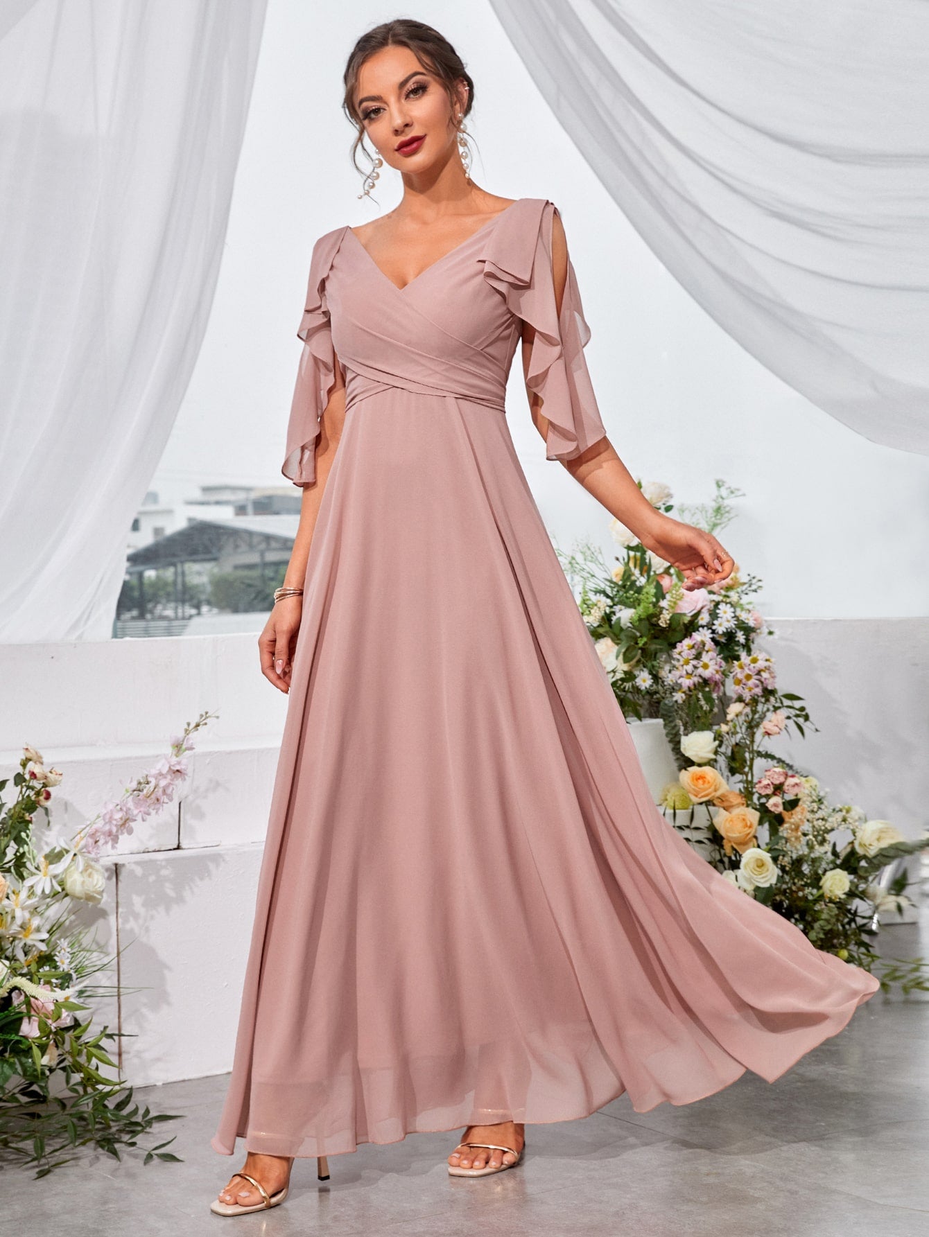 Ruffle Trim Cold Shoulder Tie Back Chiffon Maxi Bridesmaid Dress