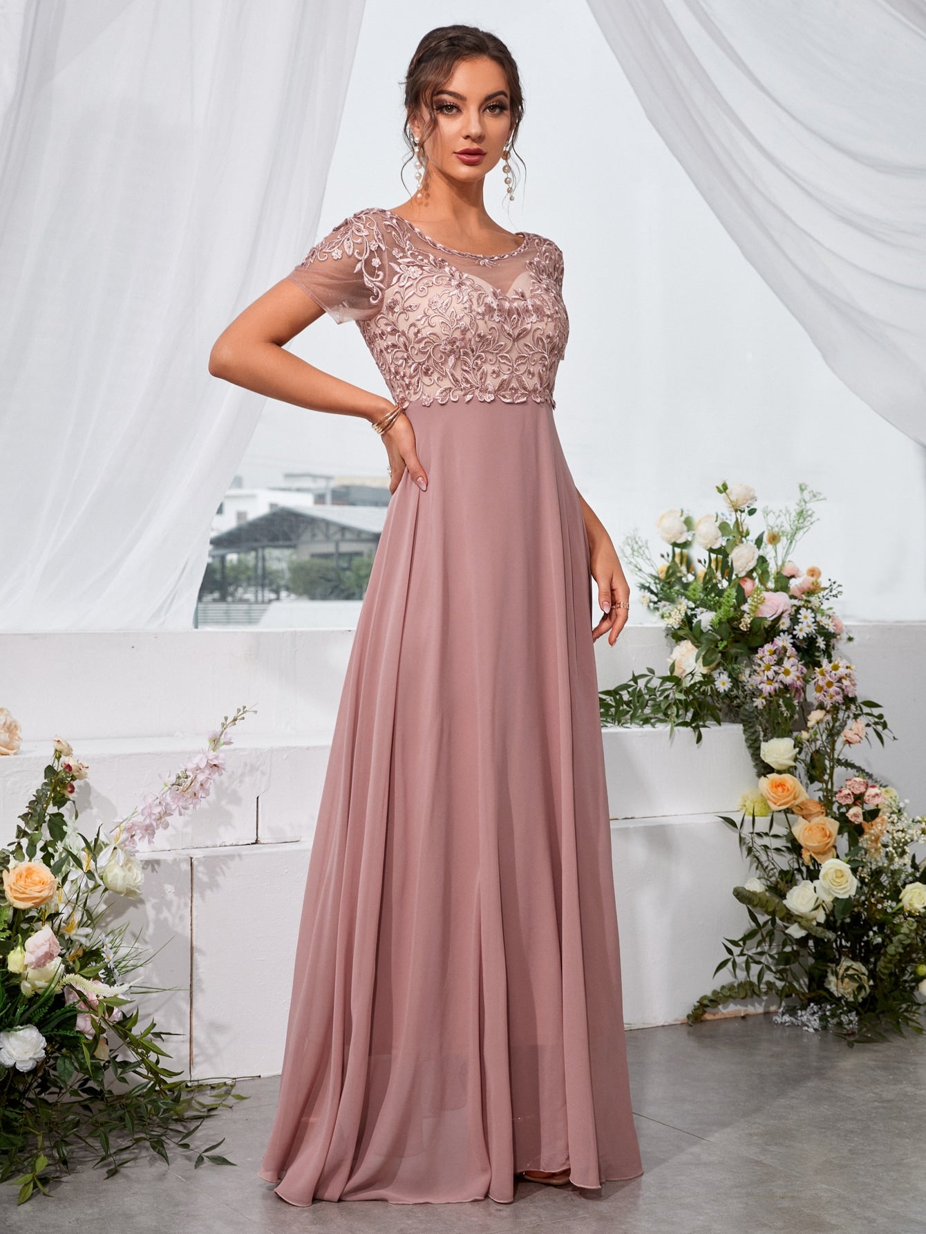 Floral Embroidery Chiffon Bridesmaid Dress