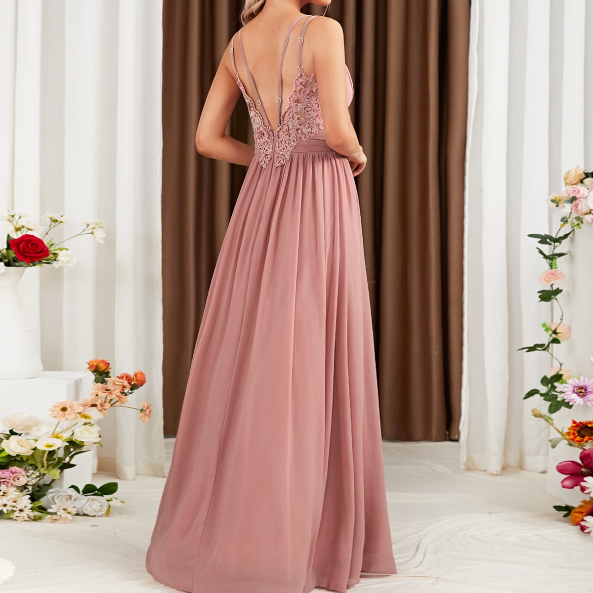 Guipure Lace Insert Chiffon Bridesmaid Dress