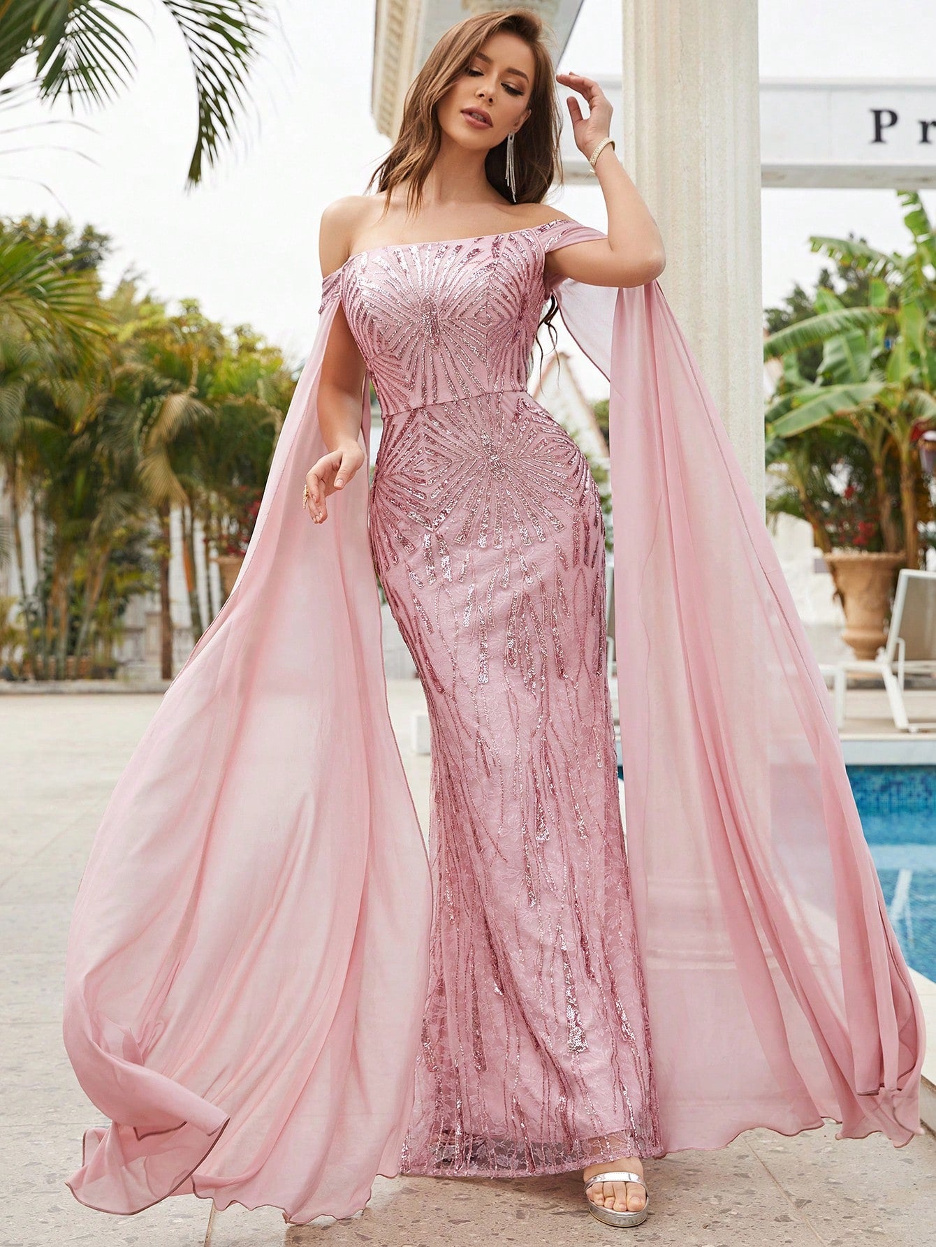 Off Shoulder Cloak Sleeve Sequin Formal Dress