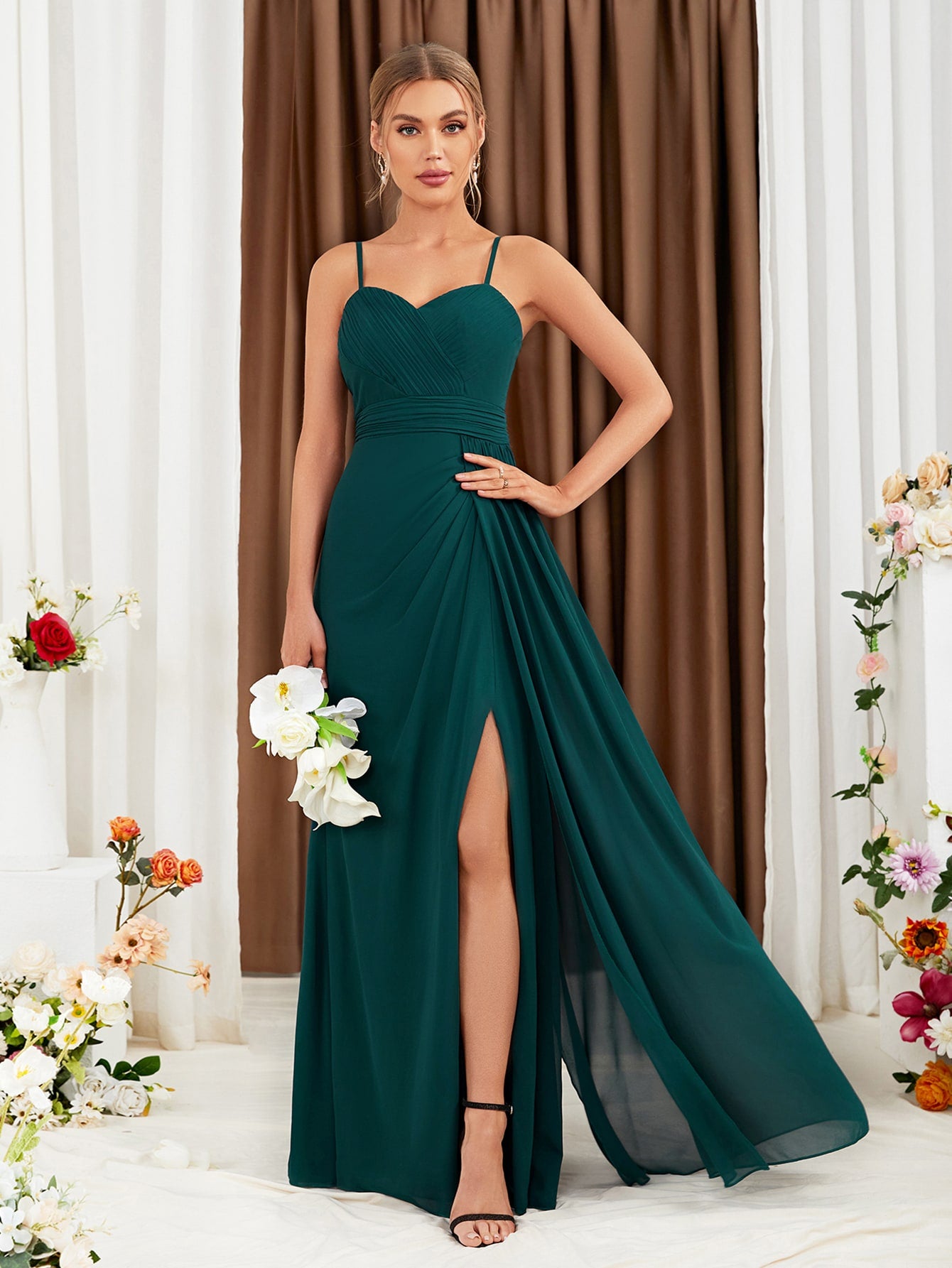 Ruched Split Thigh Chiffon Bridesmaid Dress