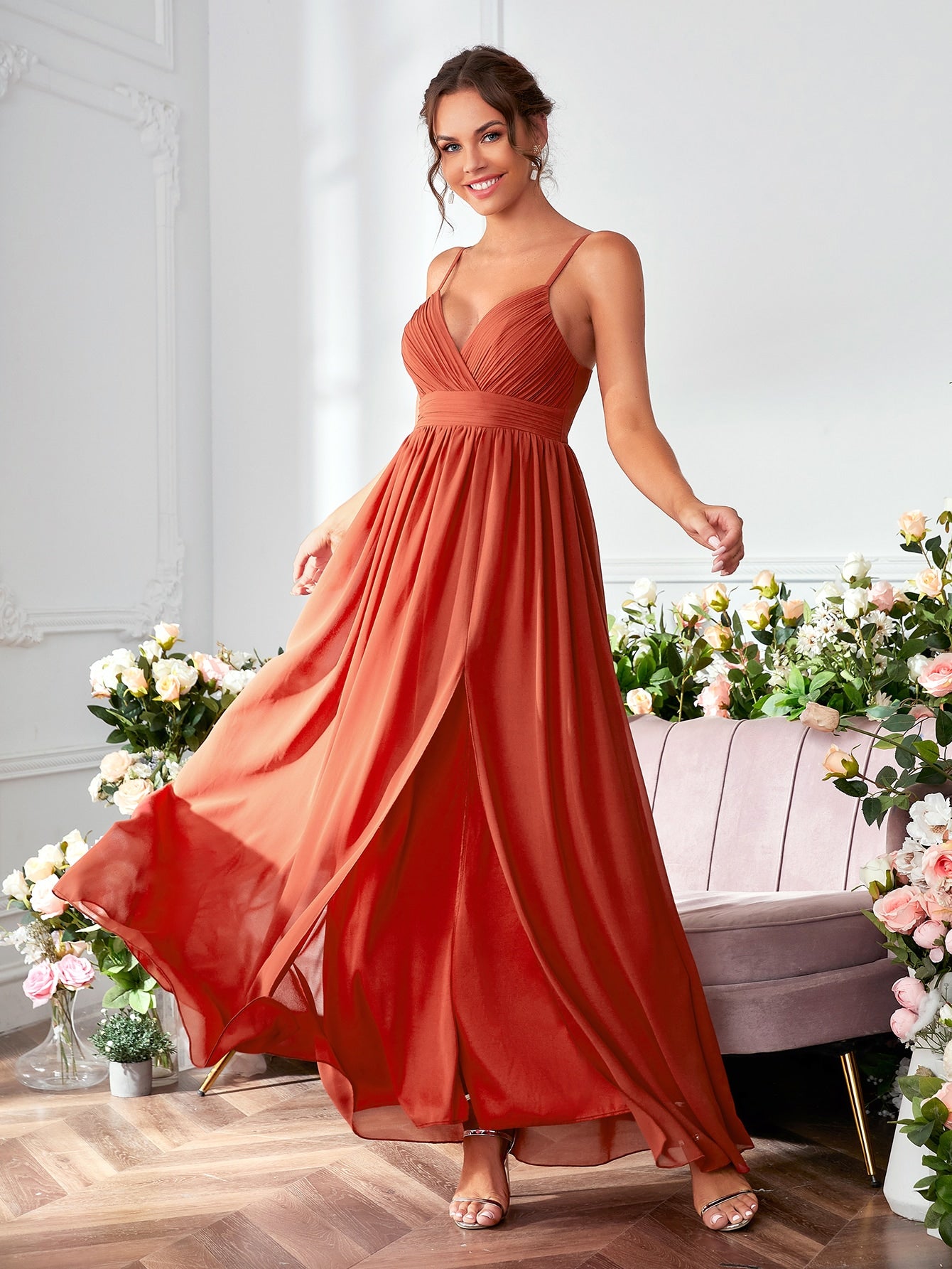 Ruched Split Thigh Chiffon Bridesmaid Dress