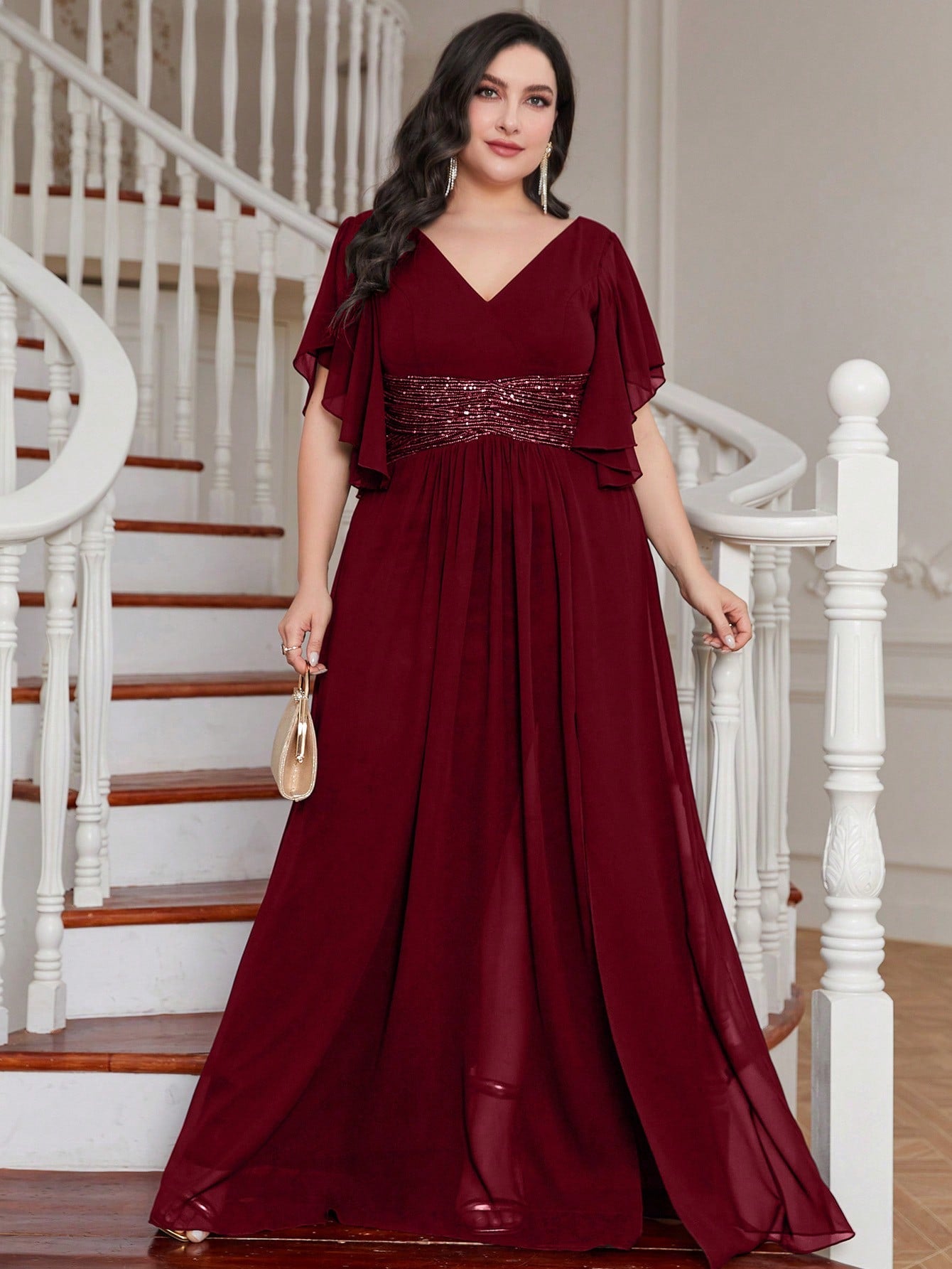 LUNE Plus Contrast Sequin Butterfly Sleeve Split Thigh Chiffon Bridesmaid Dress