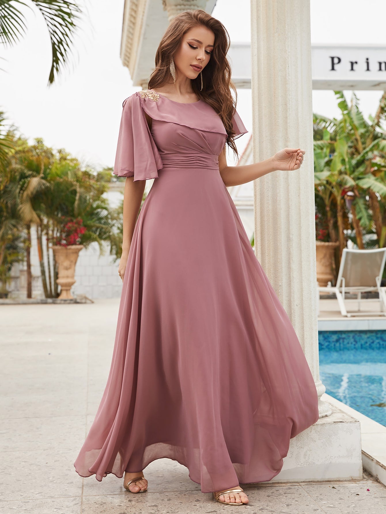 Ruched Ruffle Trim Chiffon Bridesmaid Dress