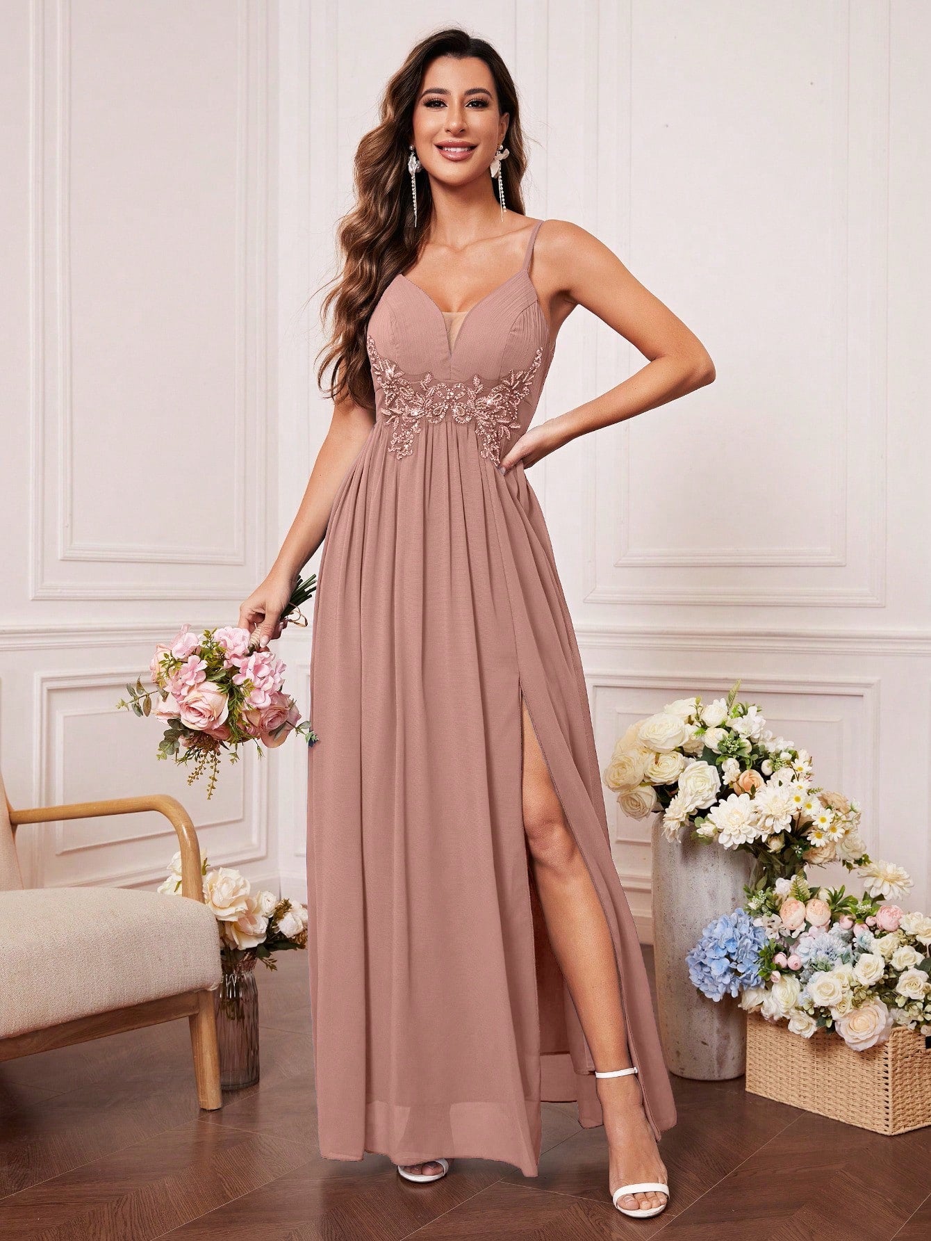 Solid Rhinestone Detail Split Thigh Chiffon Bridesmaid Dress