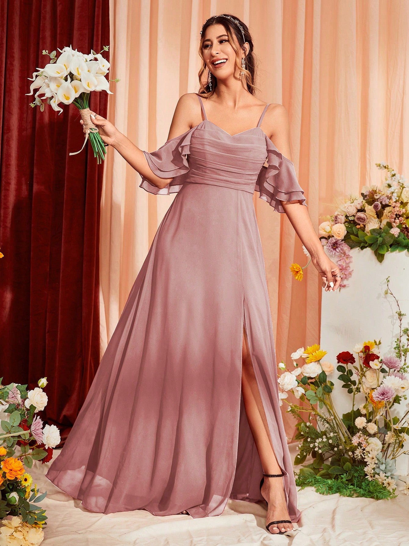 Cold Shoulder Ruched Split Thigh Chiffon Bridesmaid Dress