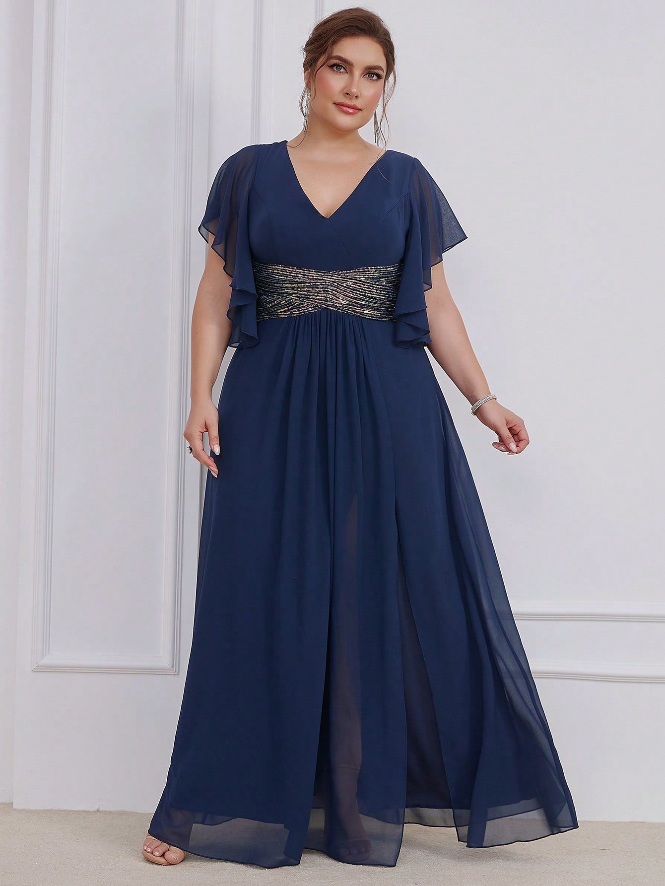 LUNE Plus Contrast Sequin Butterfly Sleeve Split Thigh Chiffon Bridesmaid Dress