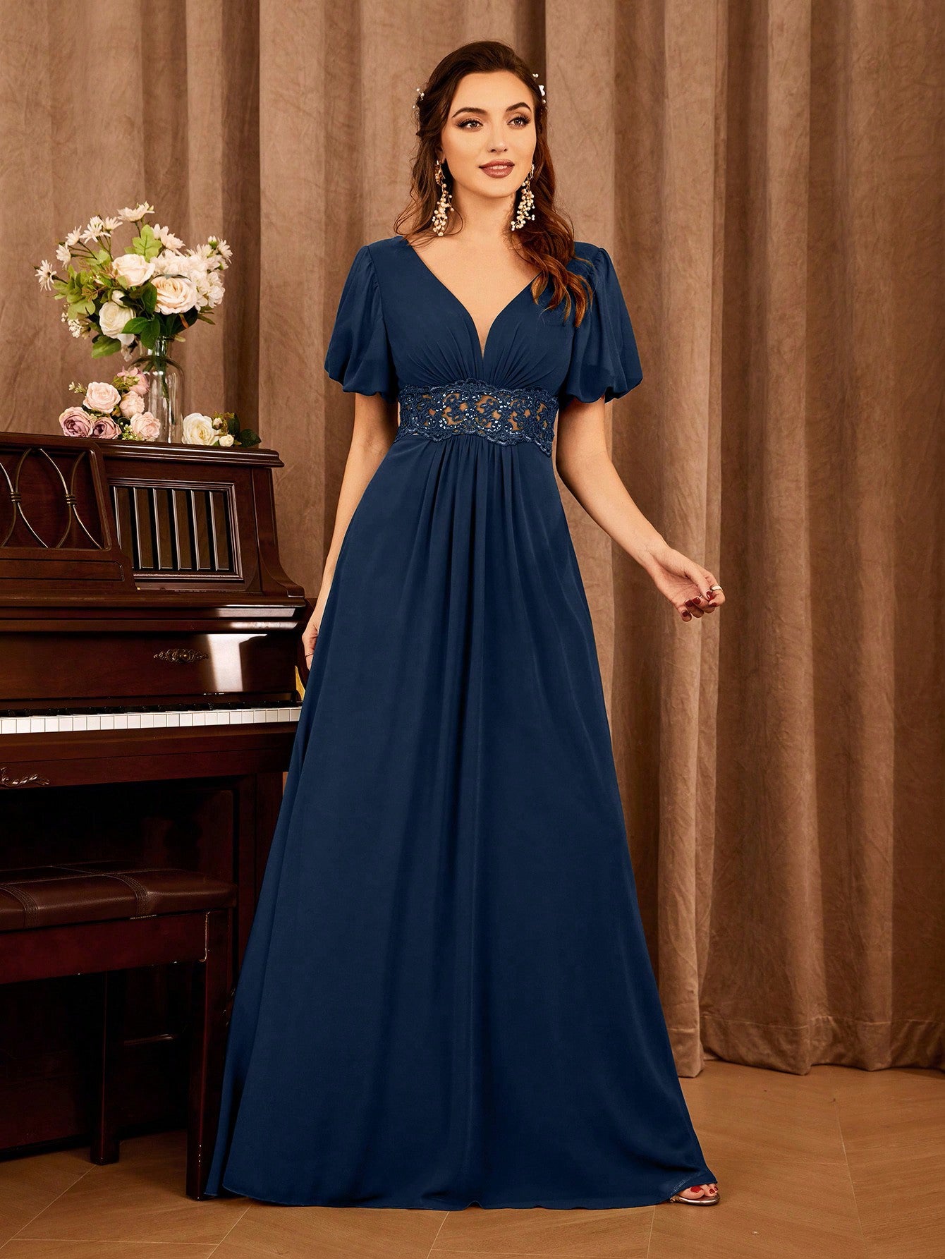 Contrast Lace Bishop Sleeve Bridesmaid Dress