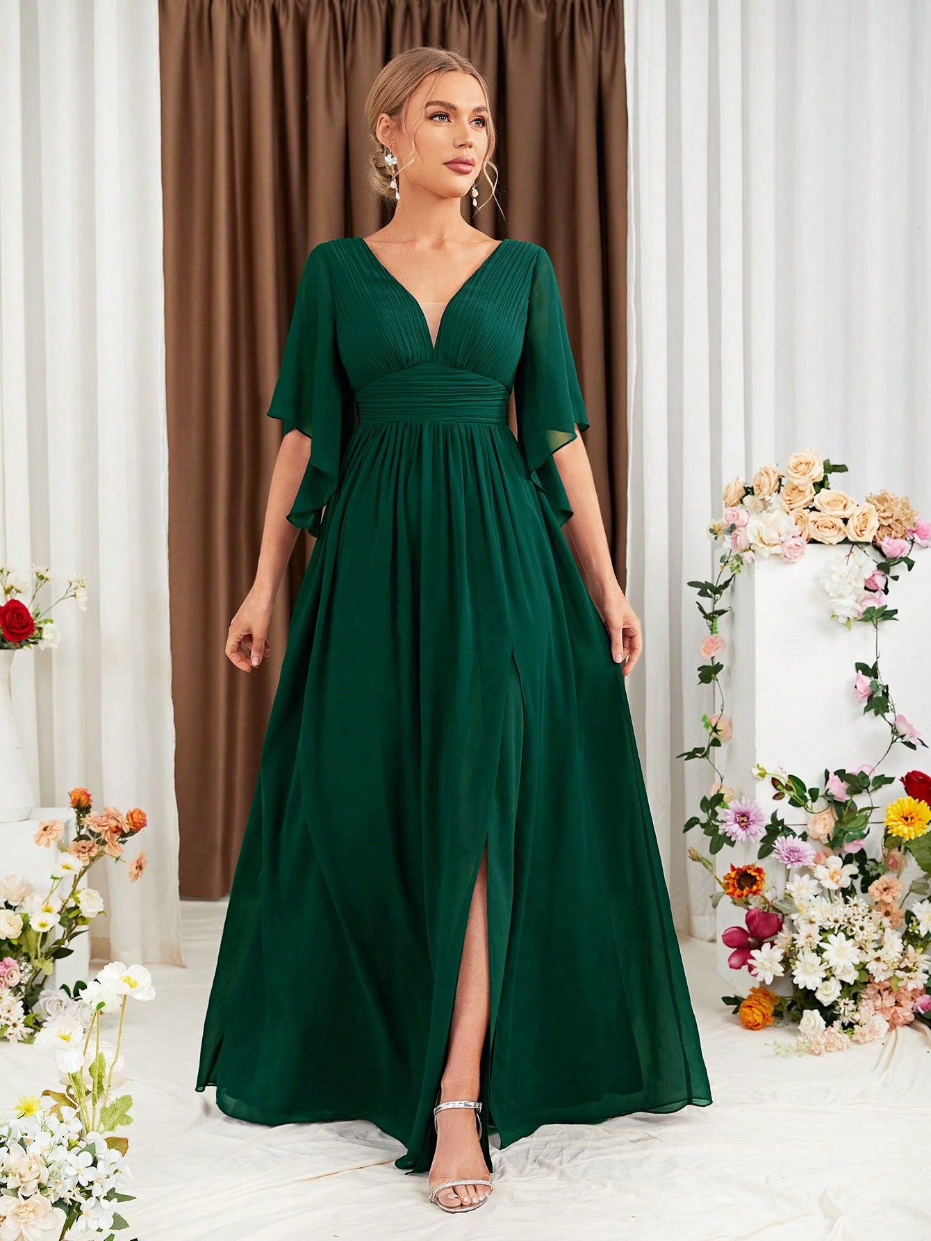 Butterfly Sleeve Popover Split Thigh Chiffon Bridesmaid Dress