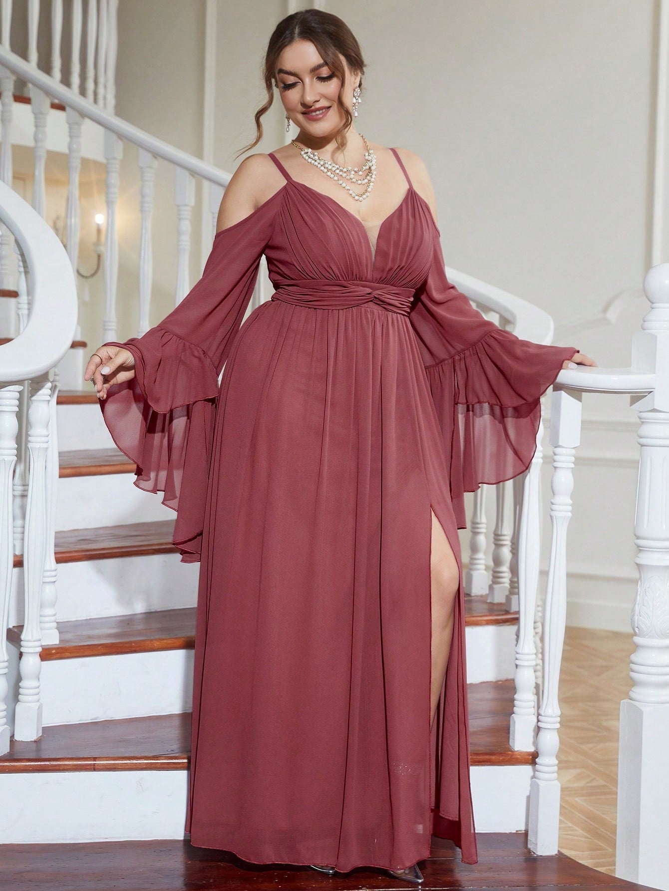 Plus Cold Shoulder Split Thigh Chiffon Dress
