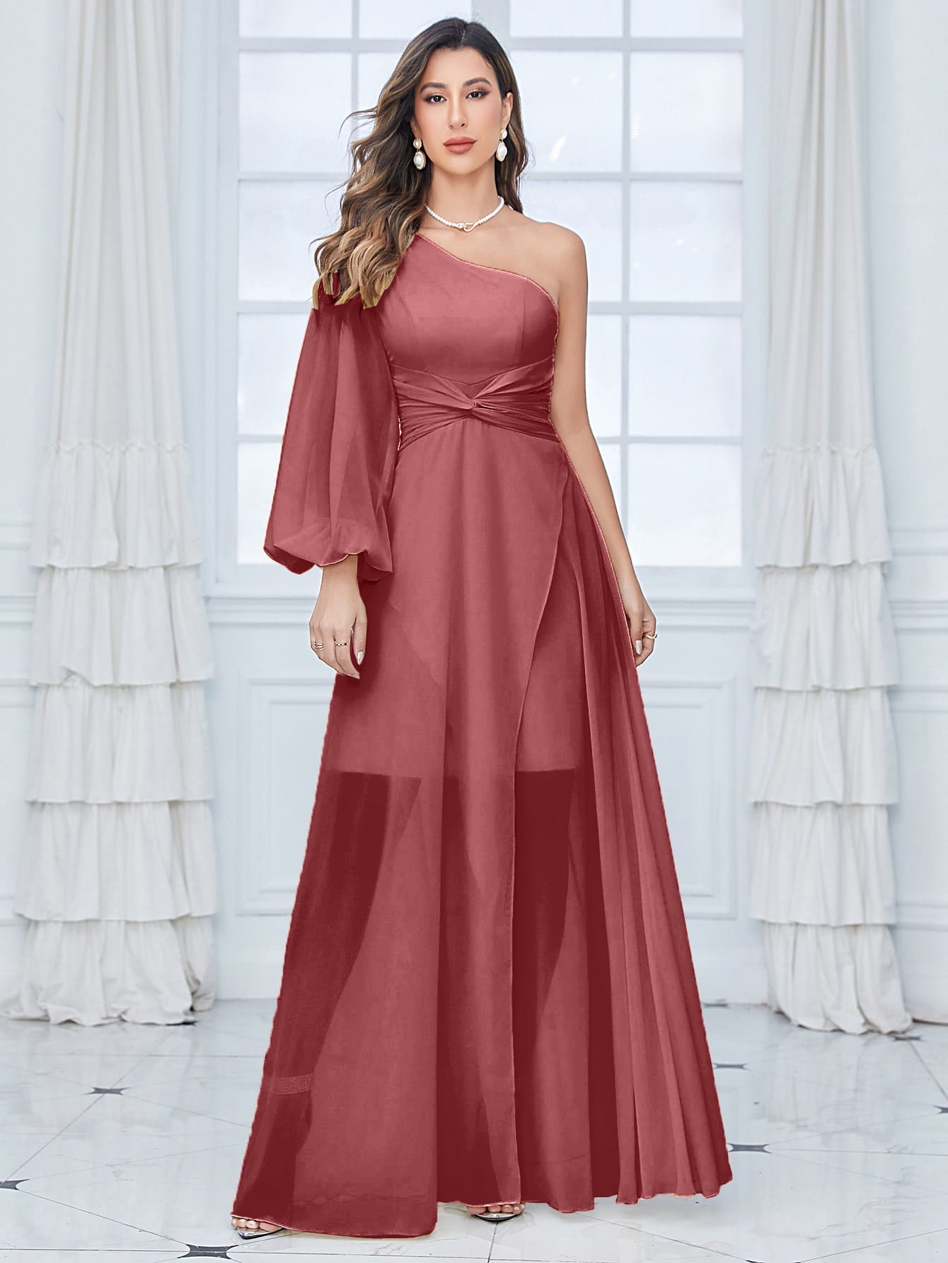 One Shoulder Lantern Sleeve Twist Front Split Thigh Chiffon Bridesmaid Dress