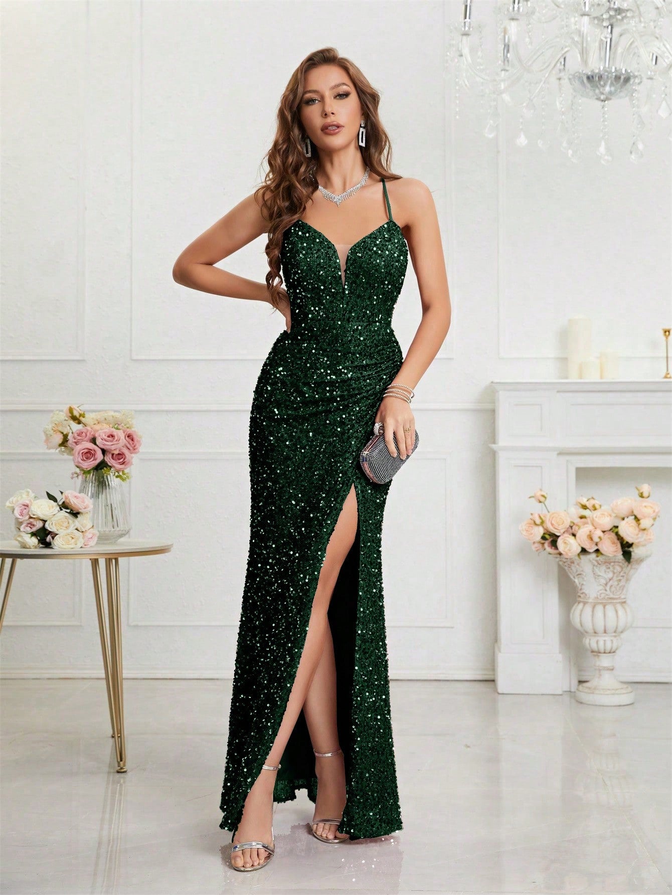 LUNE Split Thigh Sequin Formal Dress