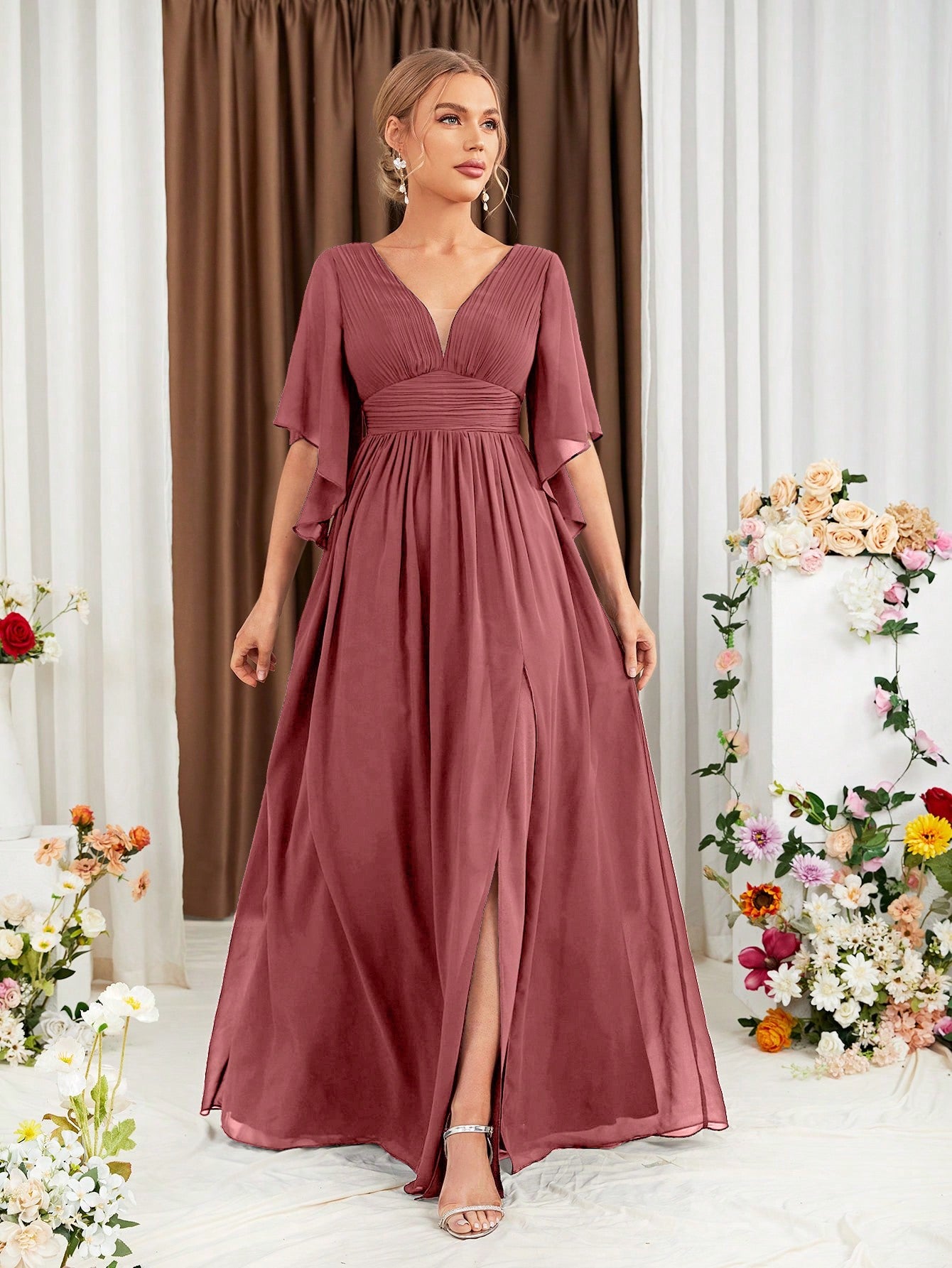 Butterfly Sleeve Popover Split Thigh Chiffon Bridesmaid Dress