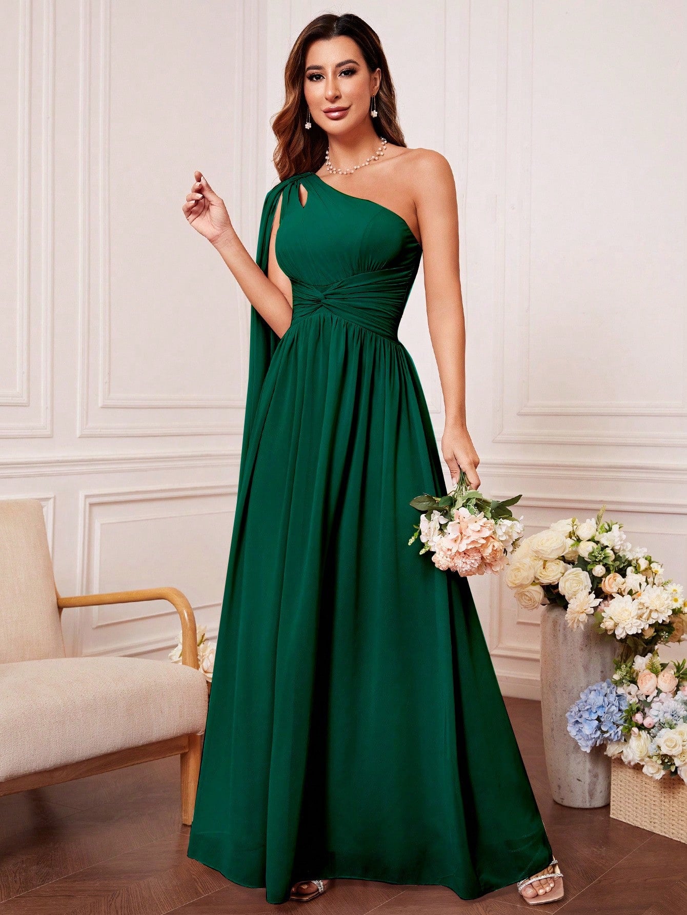 One Shoulder Cut Out Twist Front Bridesmaid Dress