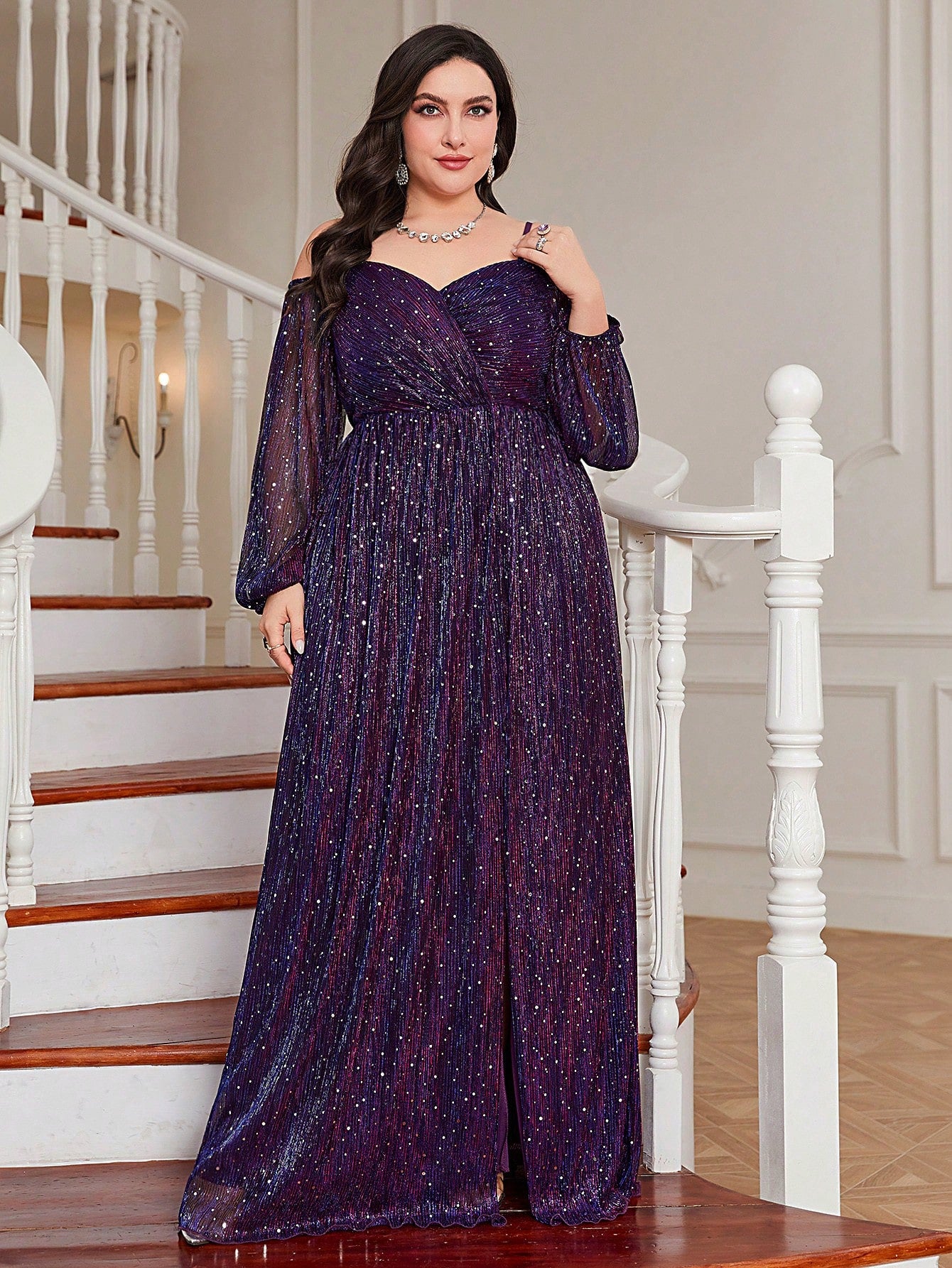 Plus Cold Shoulder Lantern Sleeve Glitter Dress