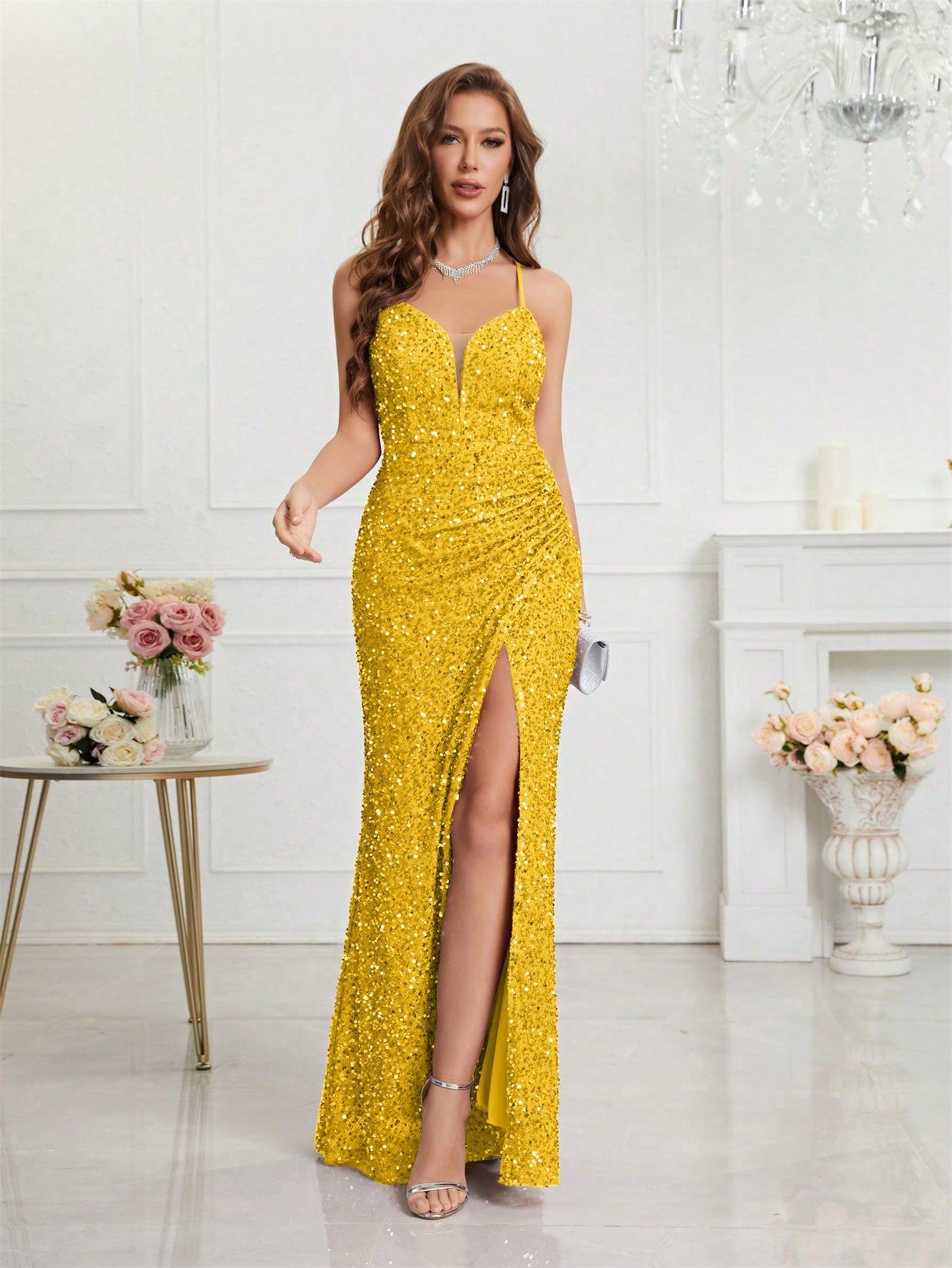 LUNE Split Thigh Sequin Formal Dress