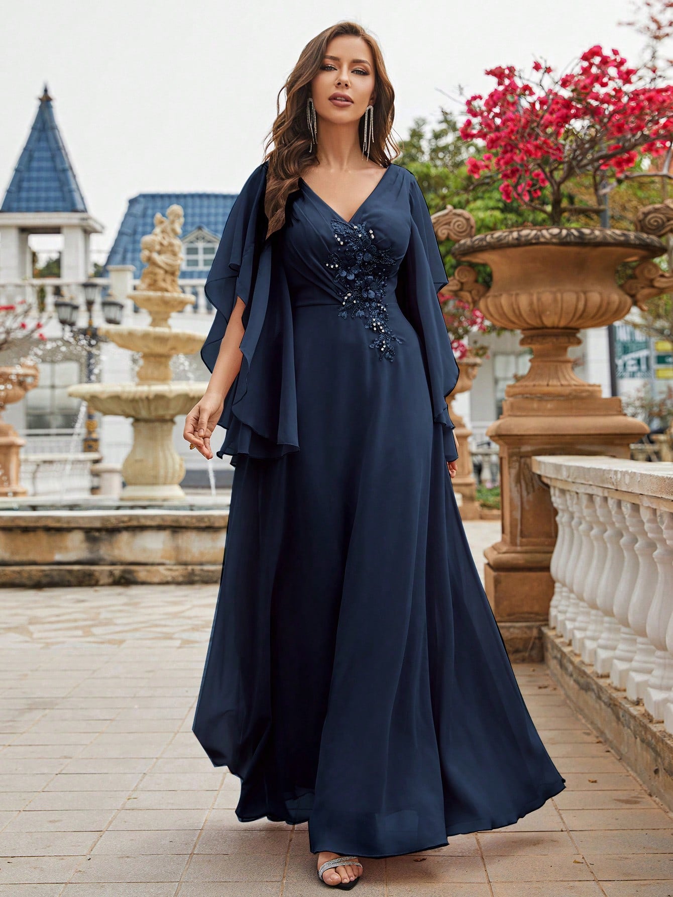Pearls Detail Butterfly Sleeve Chiffon Bridesmaid Dress