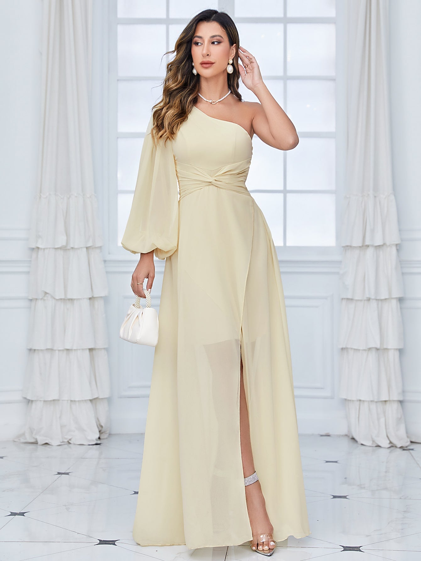 One Shoulder Lantern Sleeve Twist Front Split Thigh Chiffon Bridesmaid Dress