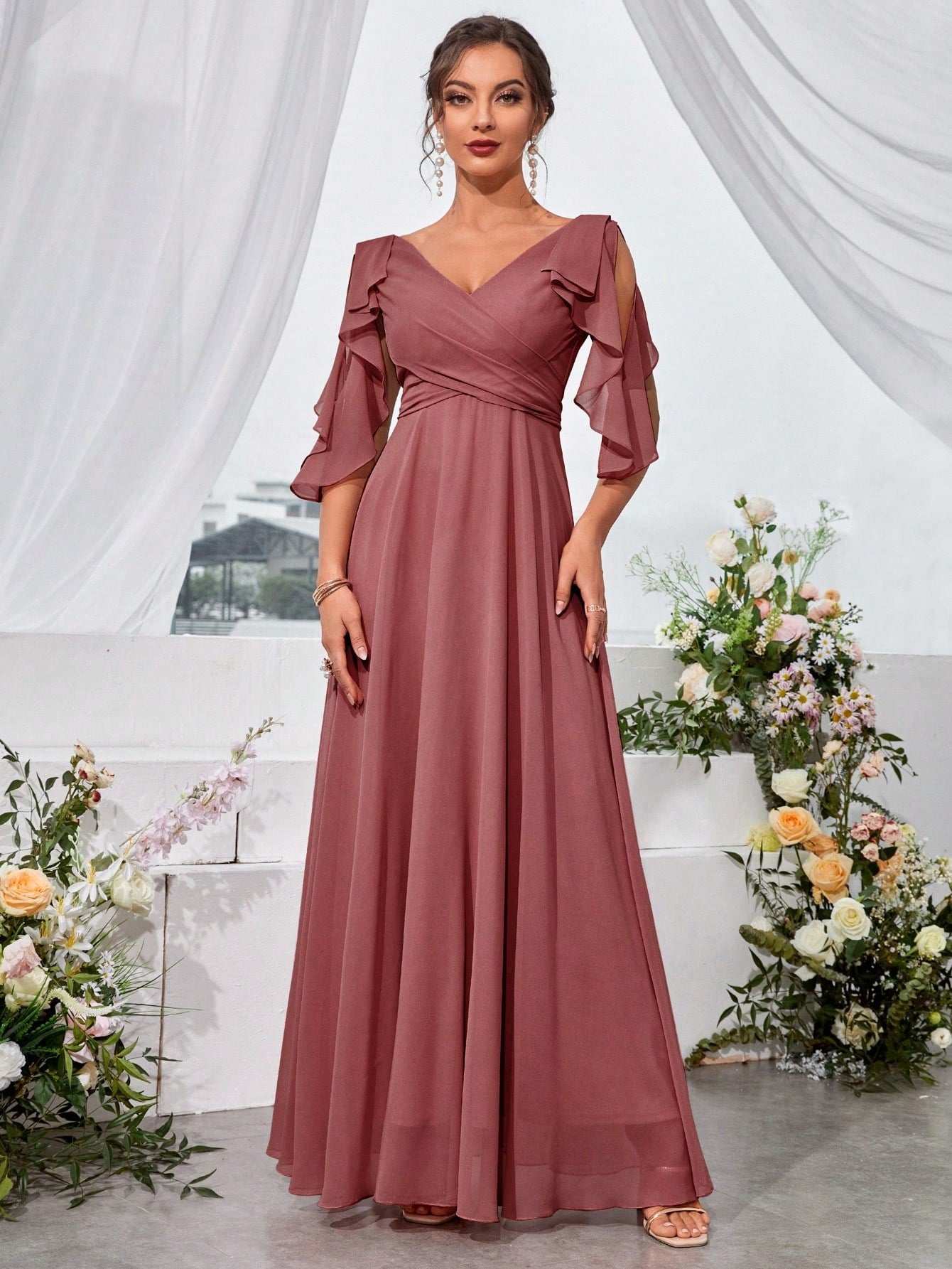 Ruffle Trim Cold Shoulder Tie Back Chiffon Maxi Bridesmaid Dress