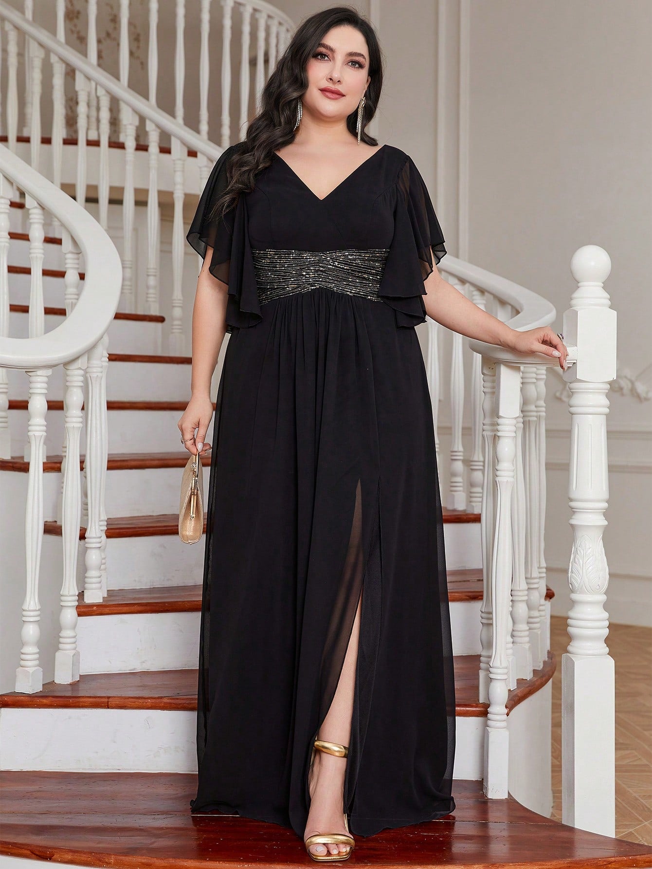 LUNE Plus Contrast Sequin Butterfly Sleeve Split Thigh Chiffon Bridesmaid Dress