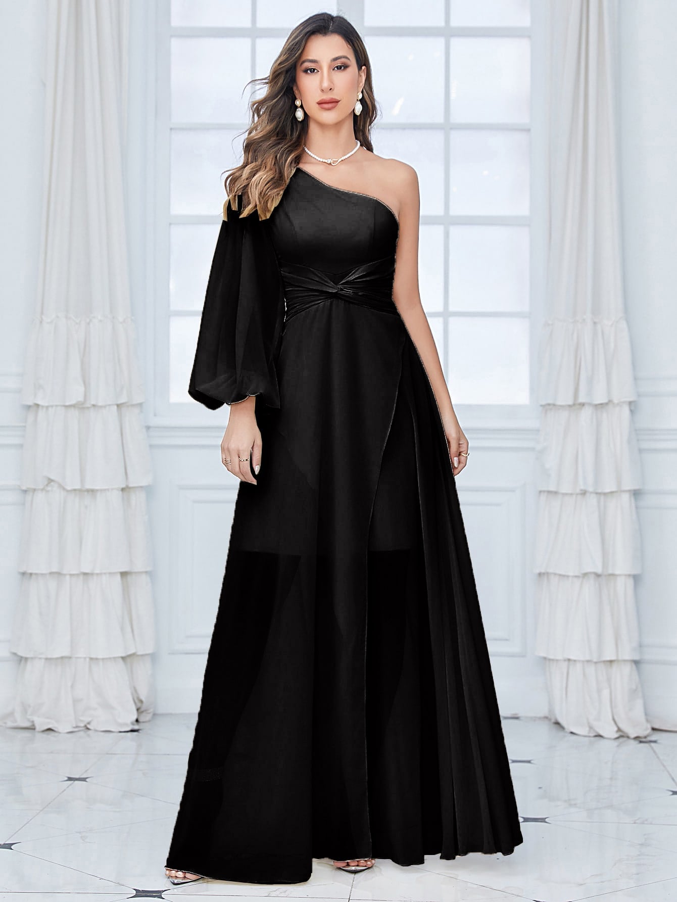 One Shoulder Lantern Sleeve Twist Front Split Thigh Chiffon Bridesmaid Dress