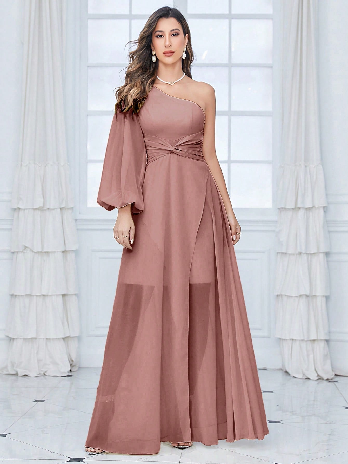 One Shoulder Lantern Sleeve Twist Front Split Thigh Chiffon Bridesmaid Dress