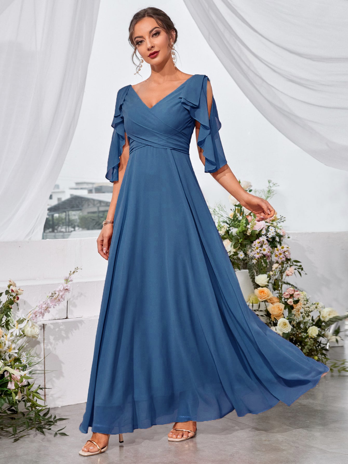 Ruffle Trim Cold Shoulder Tie Back Chiffon Maxi Bridesmaid Dress