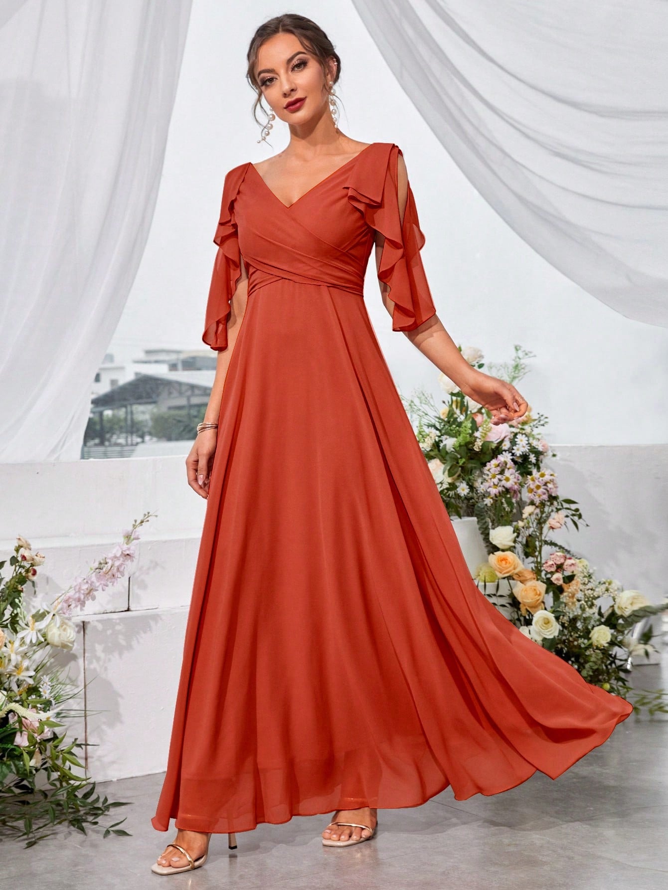 Ruffle Trim Cold Shoulder Tie Back Chiffon Maxi Bridesmaid Dress