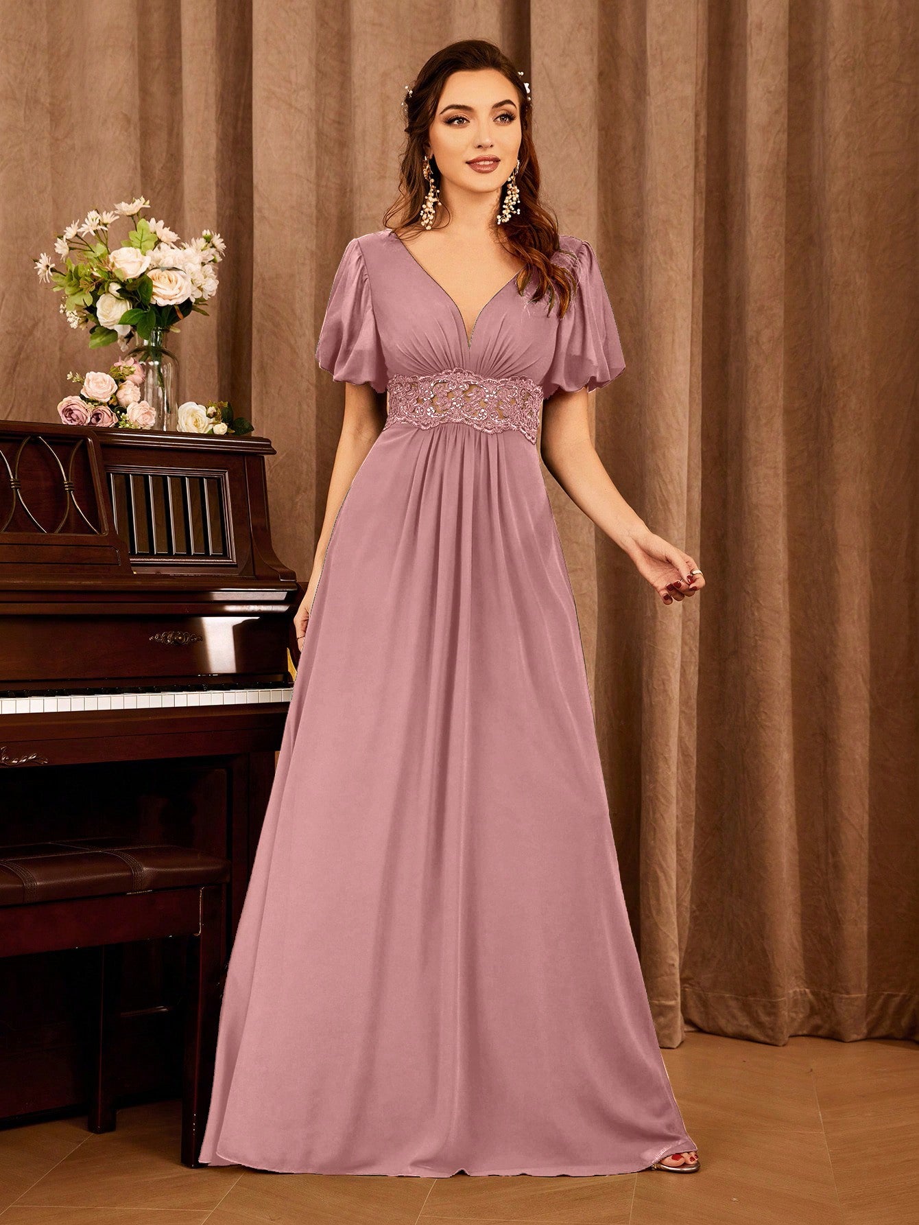 Contrast Lace Bishop Sleeve Bridesmaid Dress