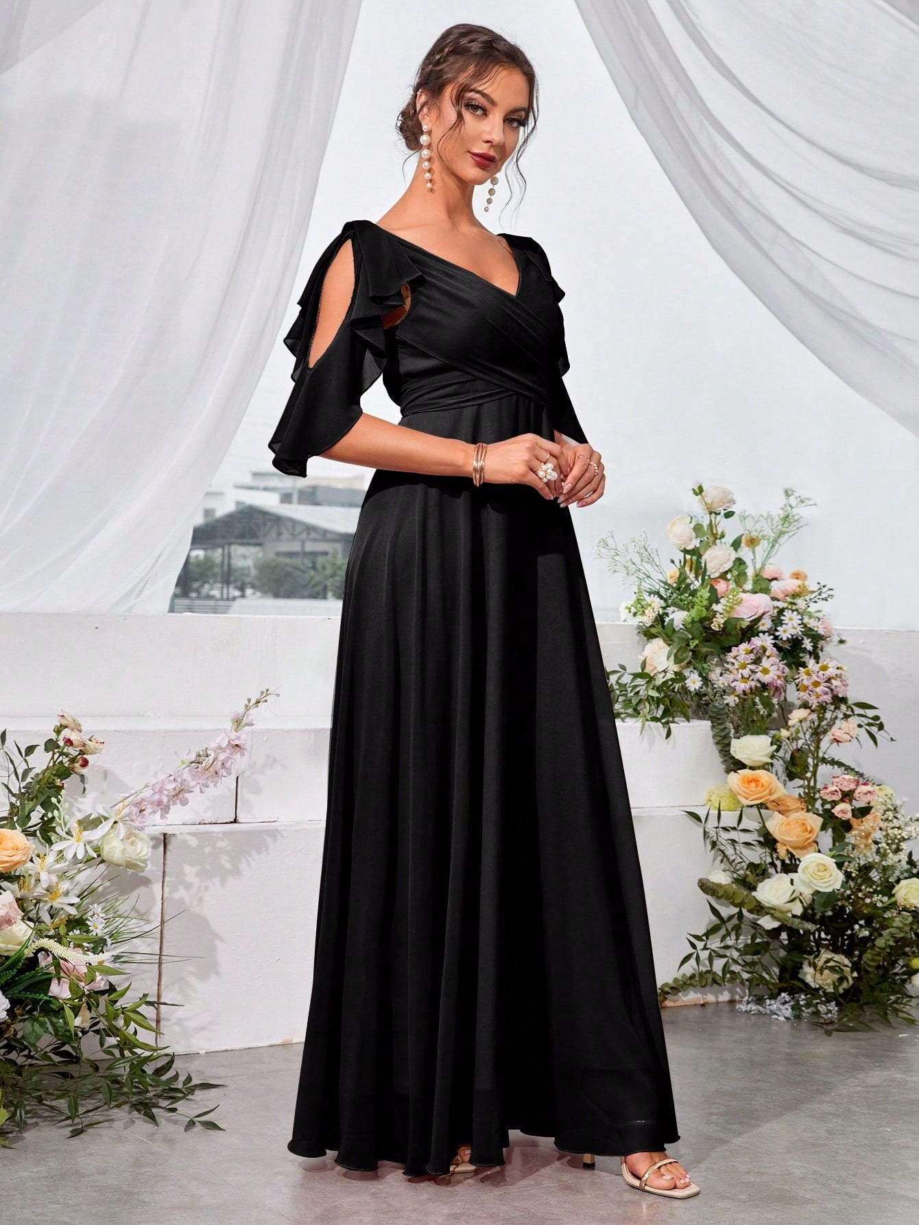 Ruffle Trim Cold Shoulder Tie Back Chiffon Maxi Bridesmaid Dress