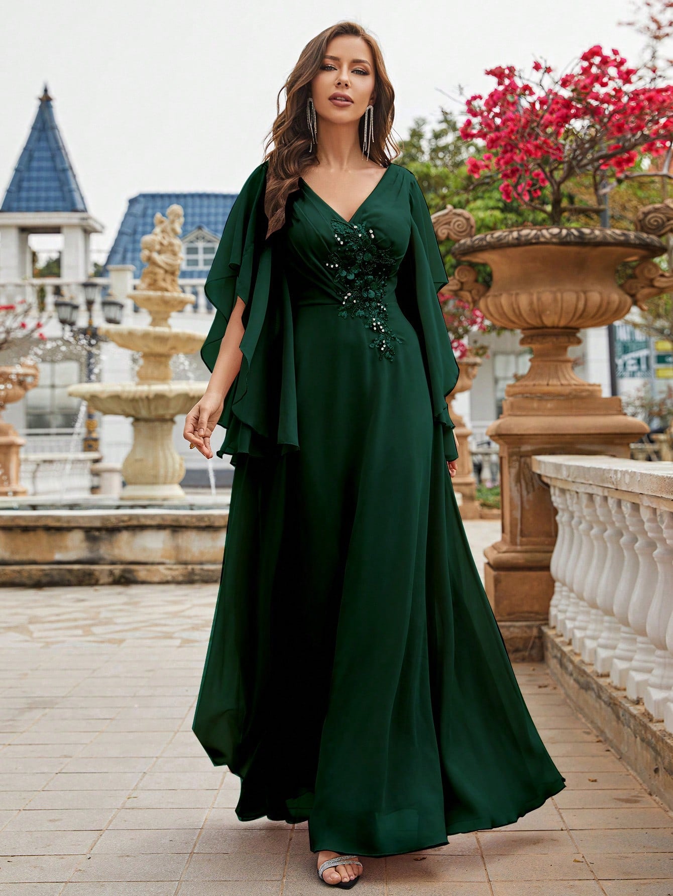 Pearls Detail Butterfly Sleeve Chiffon Bridesmaid Dress