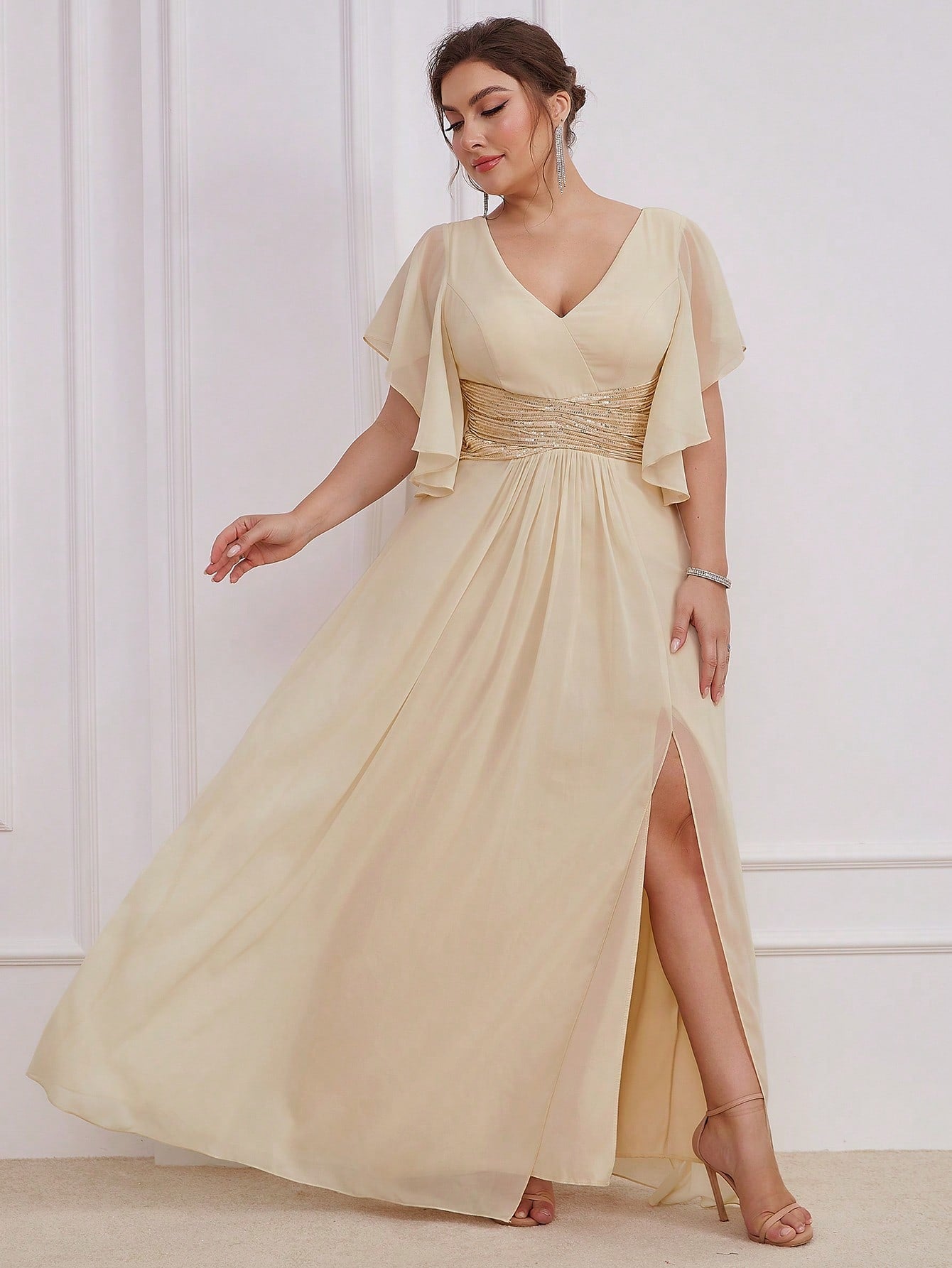 LUNE Plus Contrast Sequin Butterfly Sleeve Split Thigh Chiffon Bridesmaid Dress