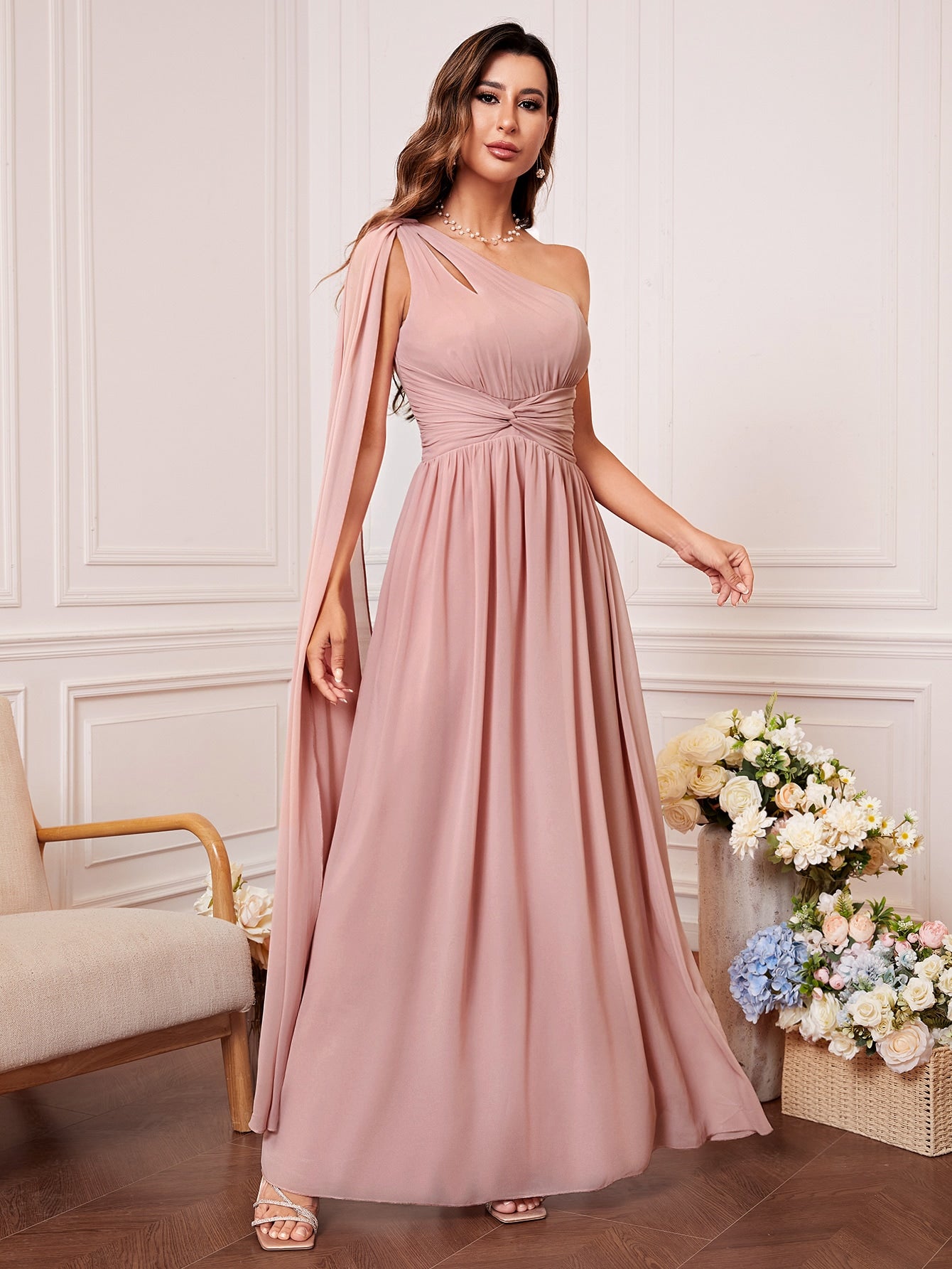 One Shoulder Cut Out Twist Front Bridesmaid Dress