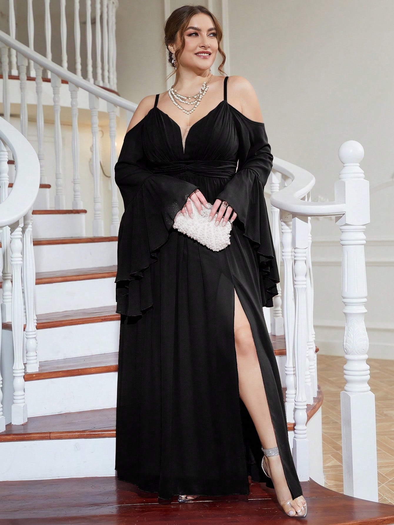 Plus Cold Shoulder Split Thigh Chiffon Dress