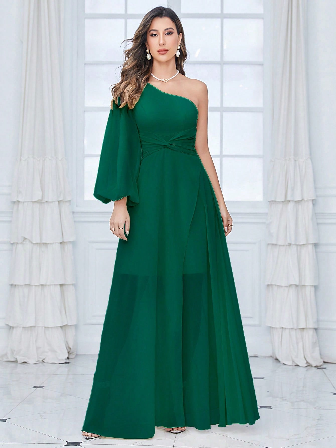 One Shoulder Lantern Sleeve Twist Front Split Thigh Chiffon Bridesmaid Dress